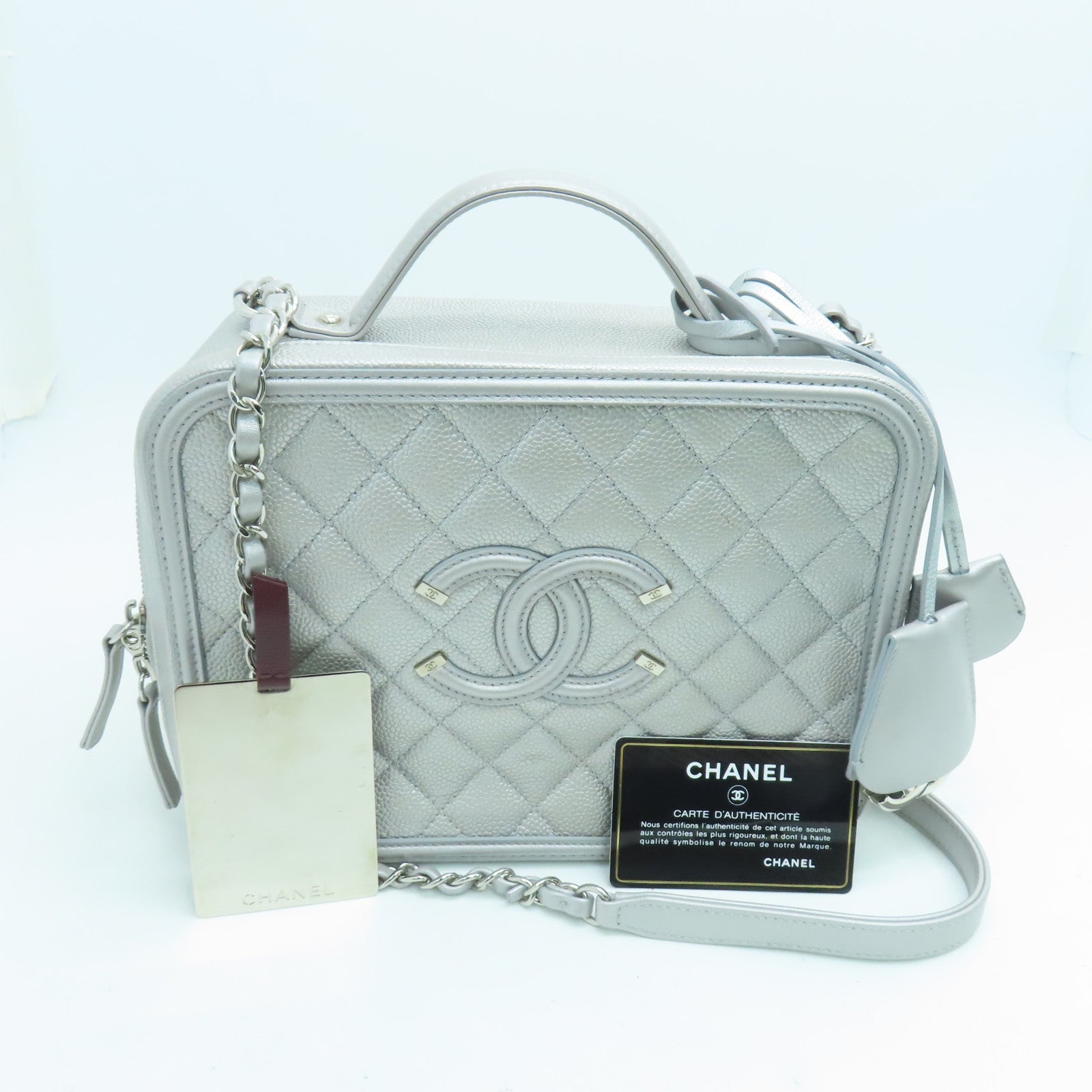 CHANEL 菱格Caviar皮革Chain Shoulder銀扣手挽肩背兩用袋銀色