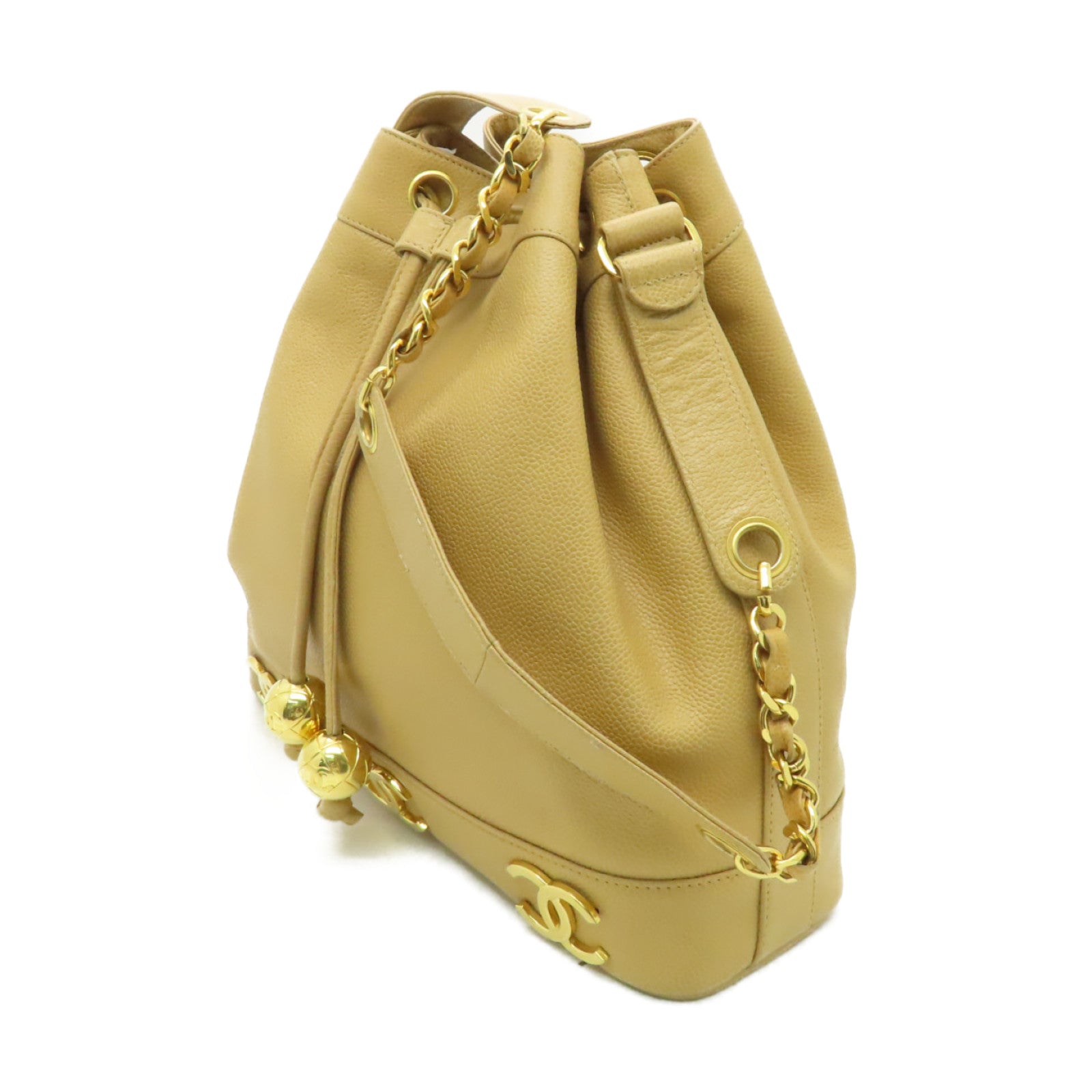 CHANEL Caviar皮革Drawstring Shoulder Bag金扣鏈帶肩背袋米色