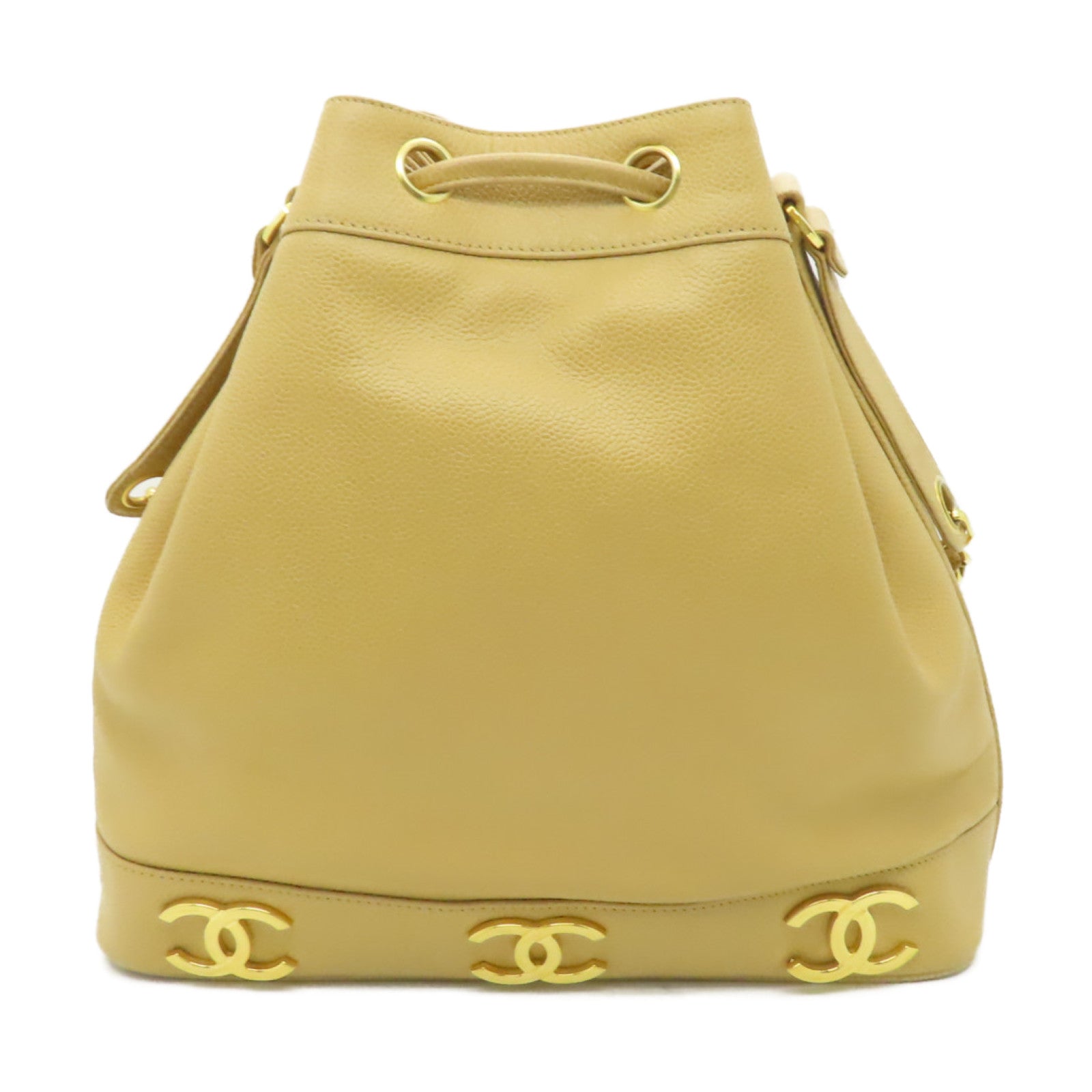 CHANEL Caviar皮革Drawstring Shoulder Bag金扣鏈帶肩背袋米色
