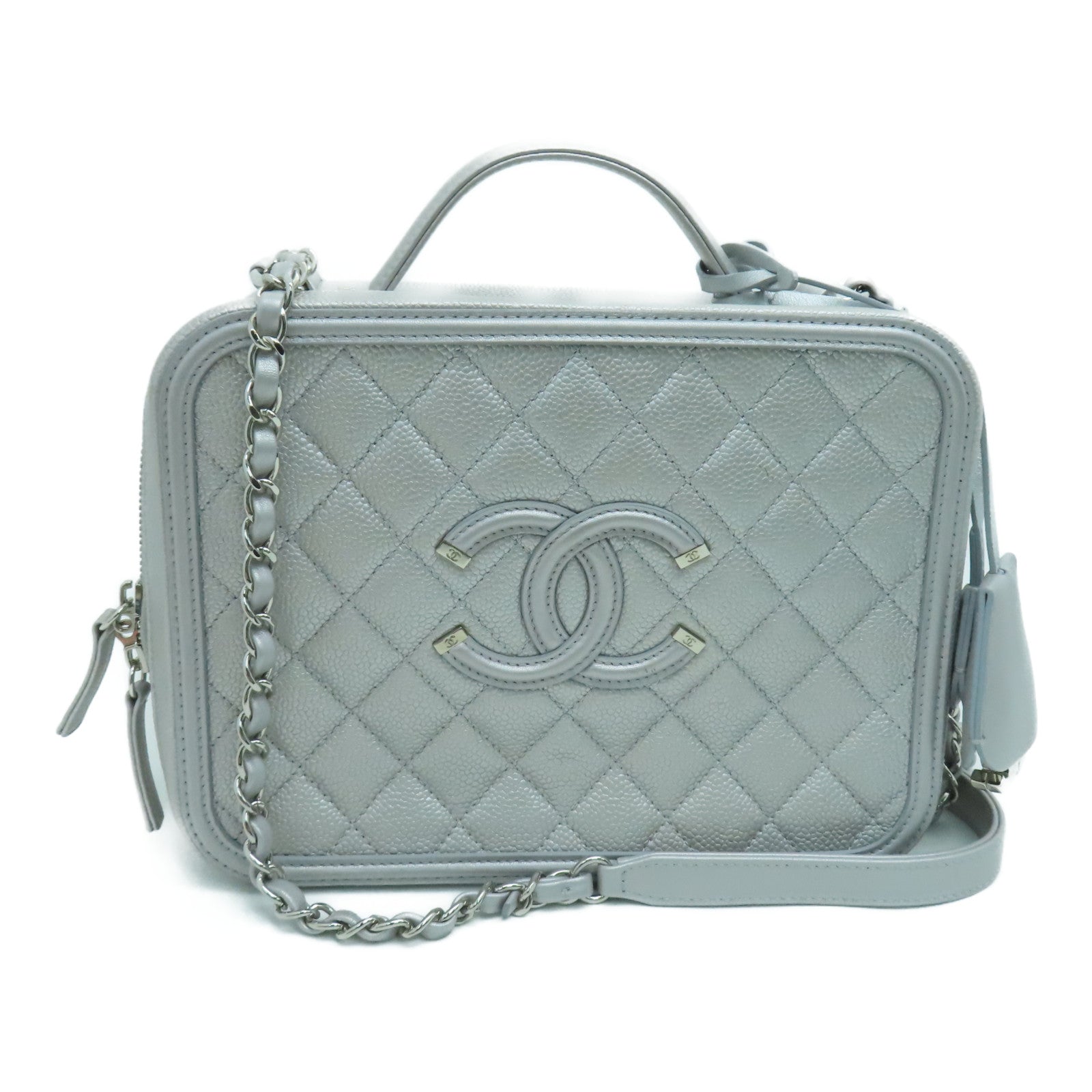 CHANEL 菱格Caviar皮革Chain Shoulder銀扣手挽肩背兩用袋銀色