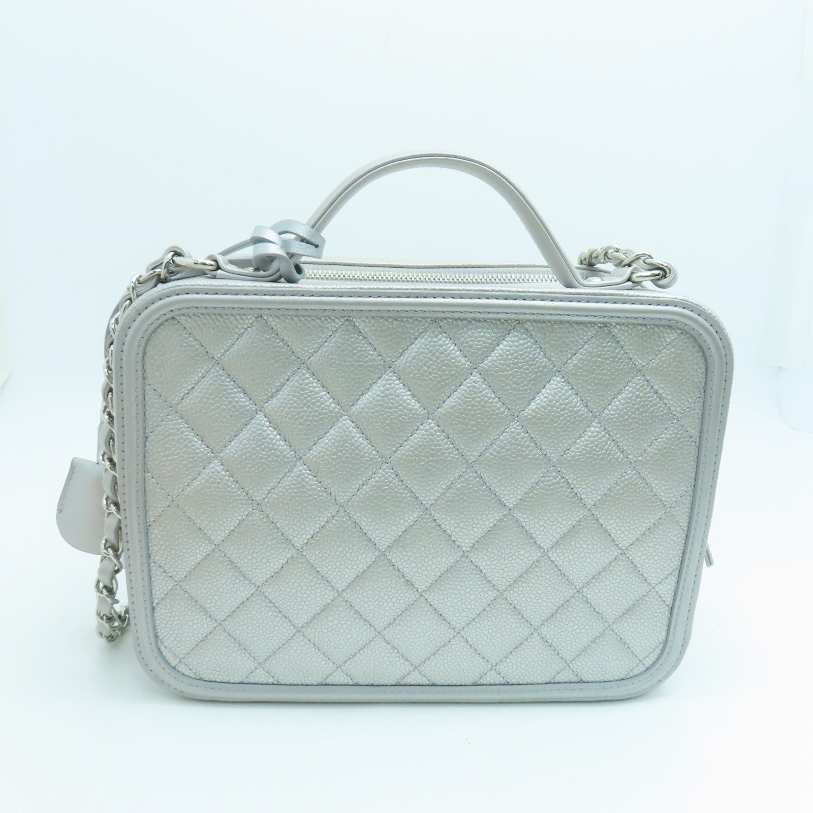 CHANEL 菱格Caviar皮革Chain Shoulder銀扣手挽肩背兩用袋銀色