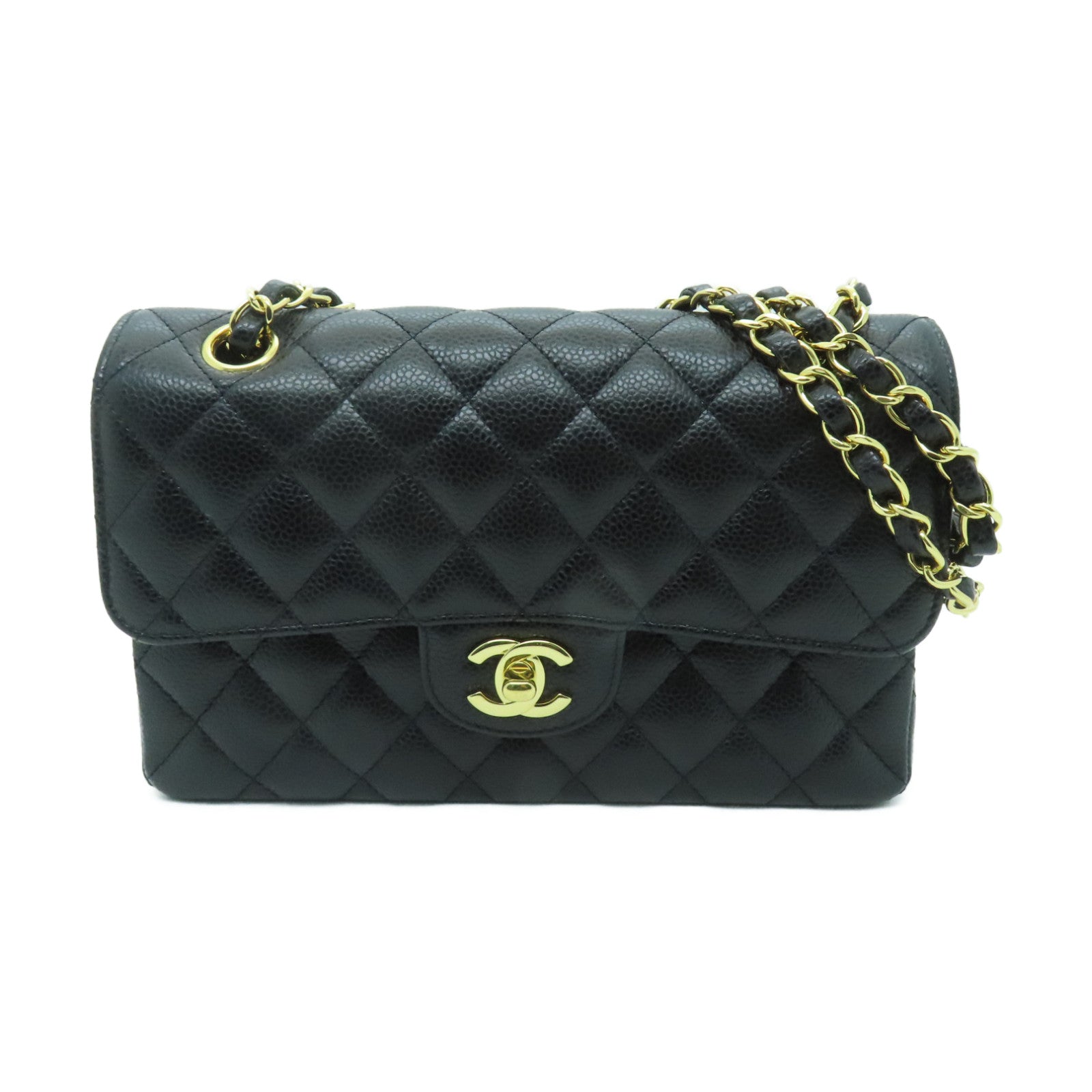 CHANEL 菱格Caviar皮革Classic 23cm金扣鏈帶肩背袋黑色