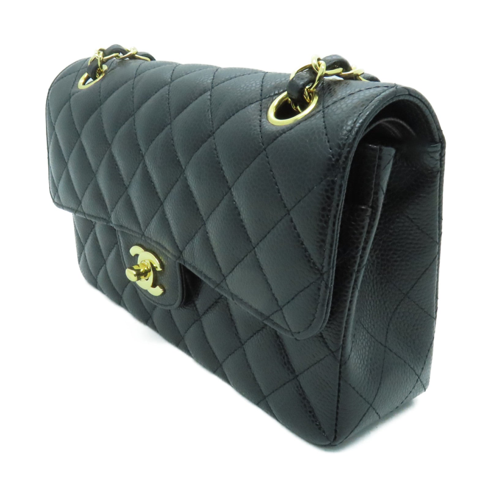 CHANEL 菱格Caviar皮革Classic 23cm金扣鏈帶肩背袋黑色