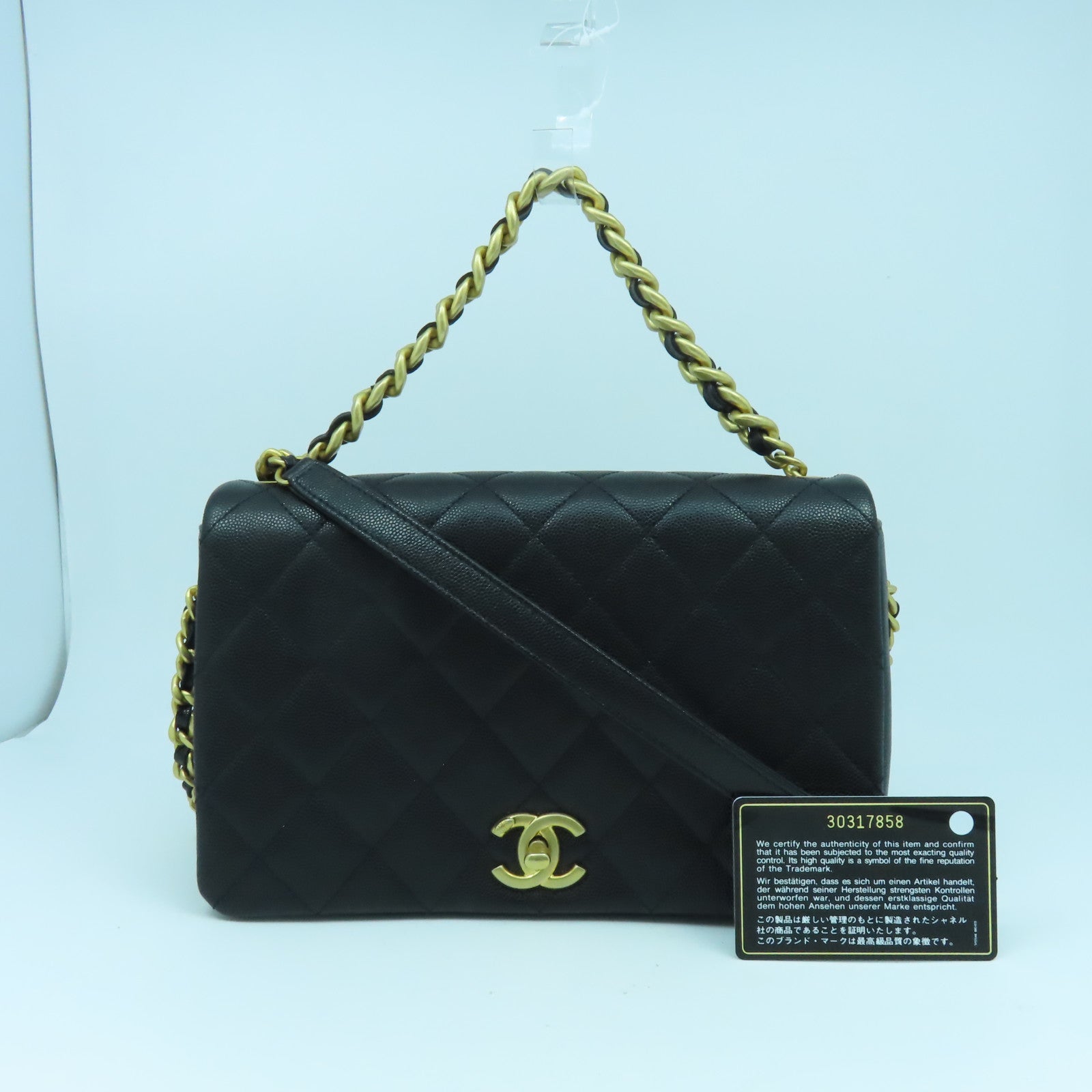 CHANEL 菱格Caviar皮革Flap Chain Shoulder Bag金扣手挽肩背兩用袋黑色