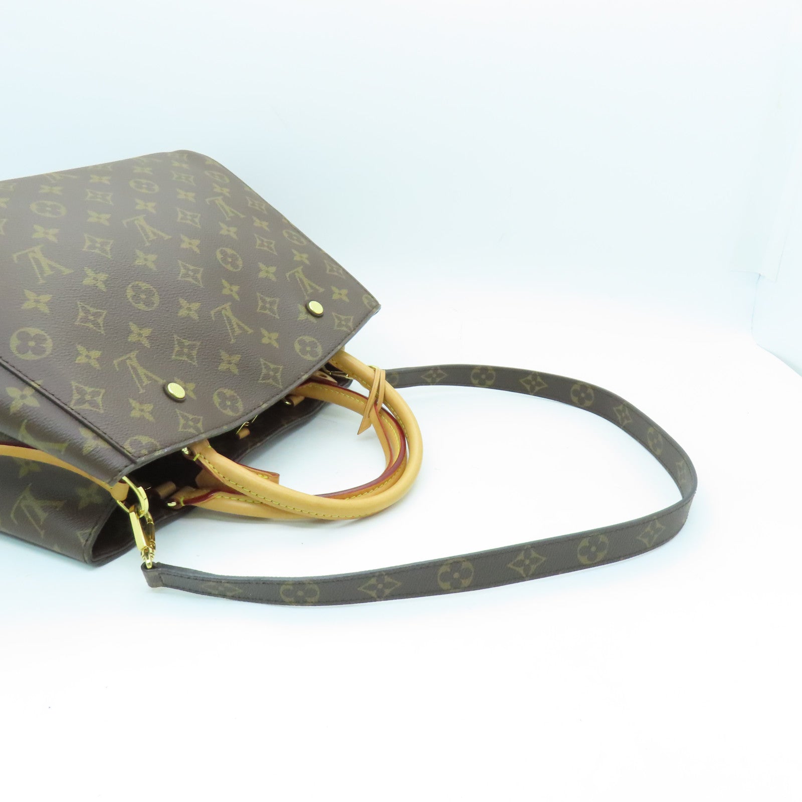 LOUIS VUITTON Monogram Montaigne MM gold buckle handle shoulder bag brown