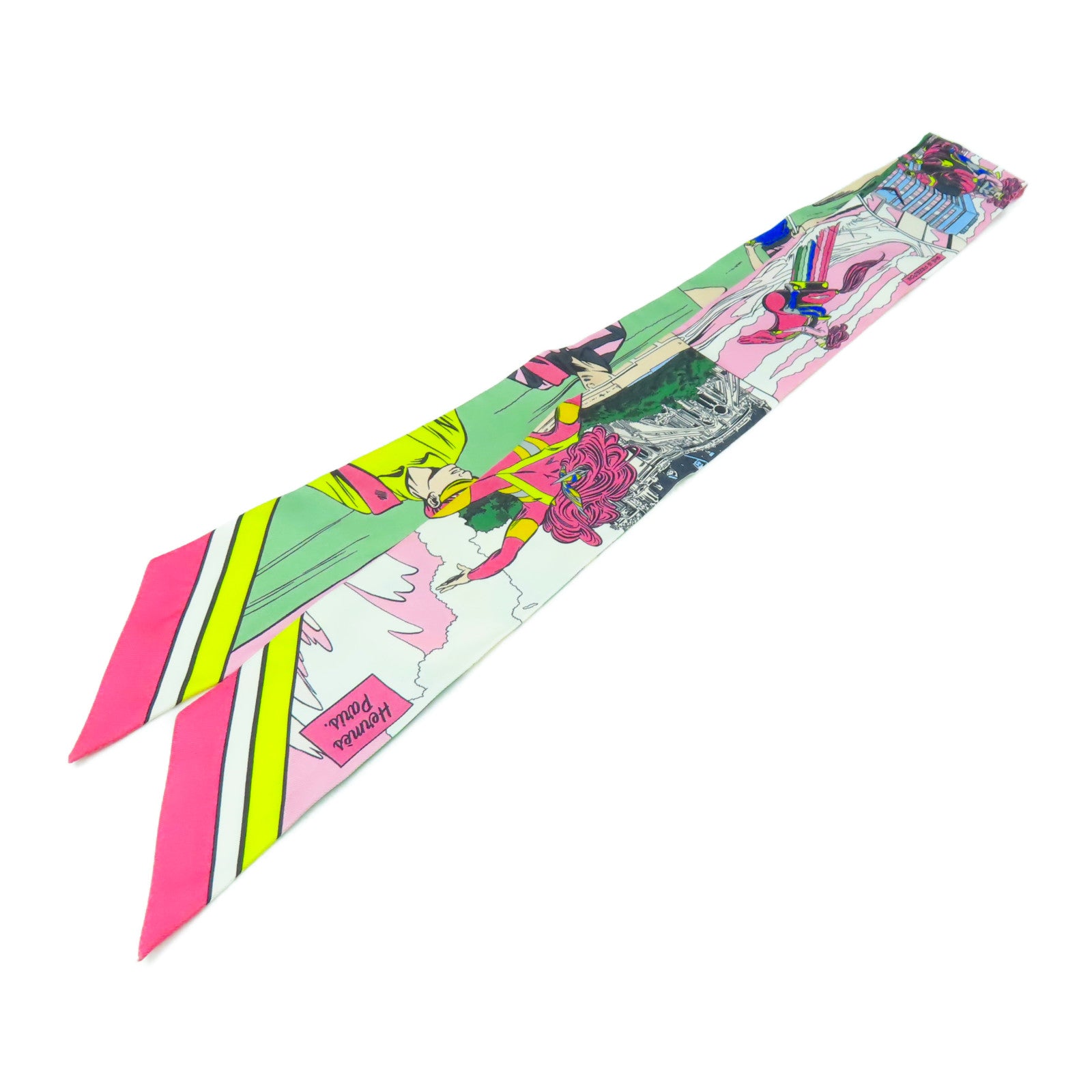 HERMES 絲質Twilly絲巾粉紅色/黃色/綠色