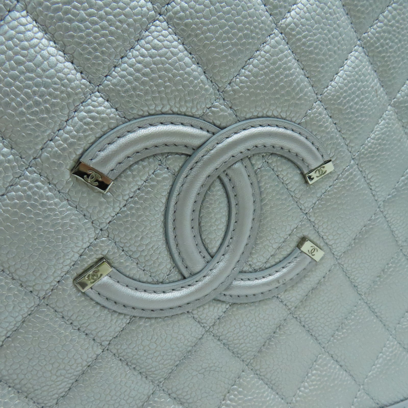 CHANEL 菱格Caviar皮革Chain Shoulder銀扣手挽肩背兩用袋銀色
