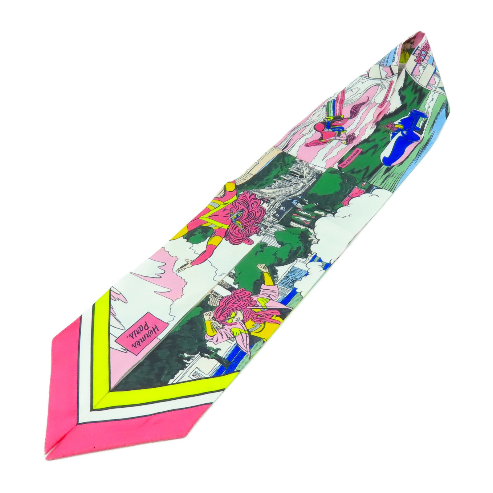 HERMES 絲質Twilly絲巾粉紅色/黃色/綠色