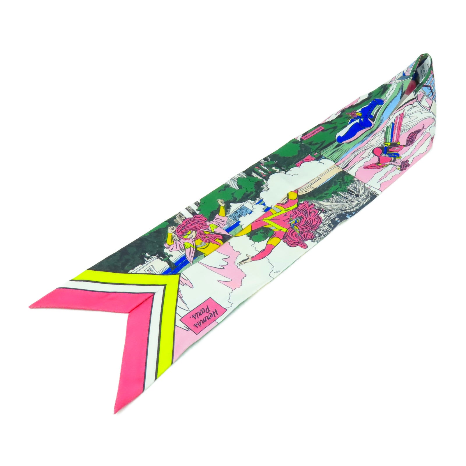 HERMES 絲質Twilly絲巾粉紅色/黃色/綠色