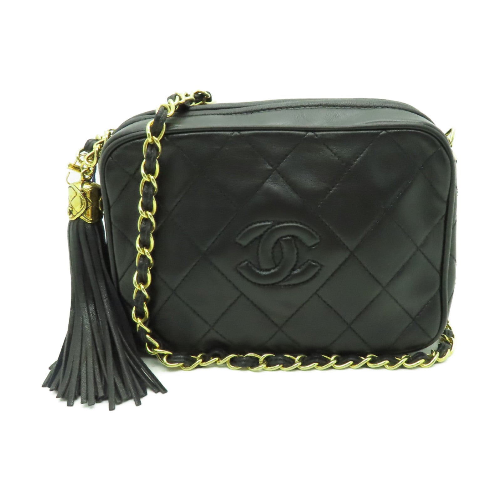 CHANEL 菱格羊皮皮革Chain Shoulder Bag金扣鏈帶肩背袋黑色