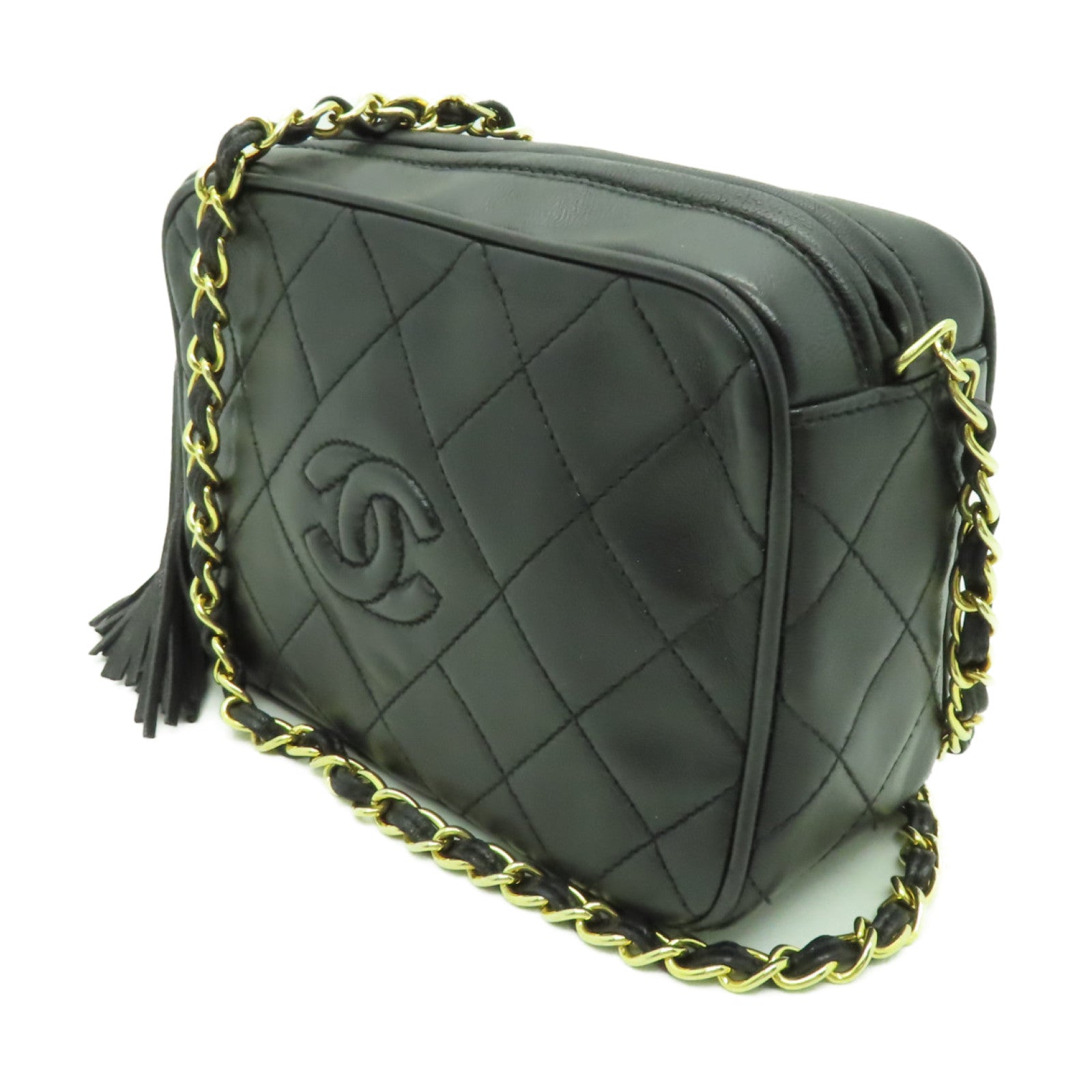 CHANEL 菱格羊皮皮革Chain Shoulder Bag金扣鏈帶肩背袋黑色