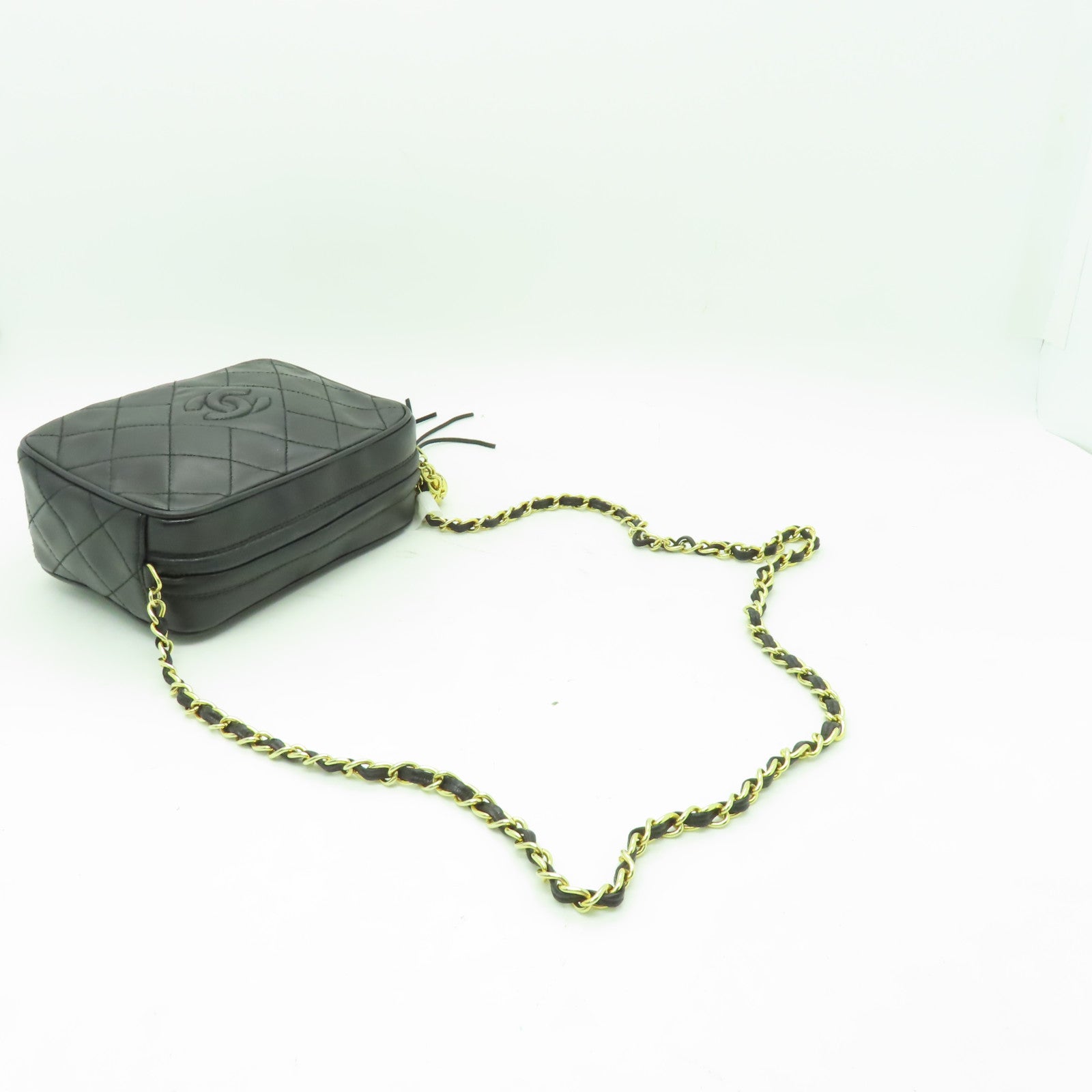 CHANEL 菱格羊皮皮革Chain Shoulder Bag金扣鏈帶肩背袋黑色