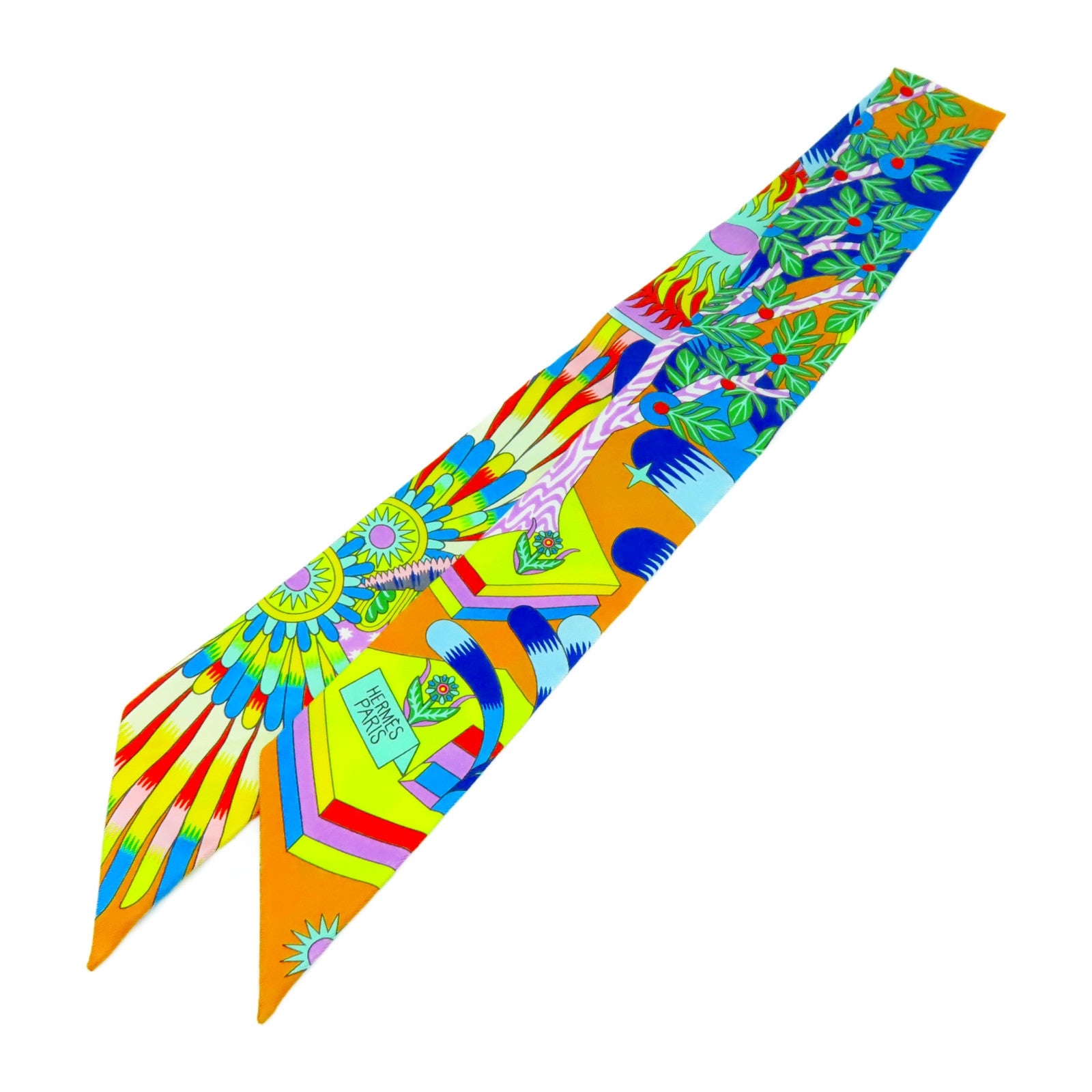 HERMES 絲質Twilly絲巾橙色/藍色