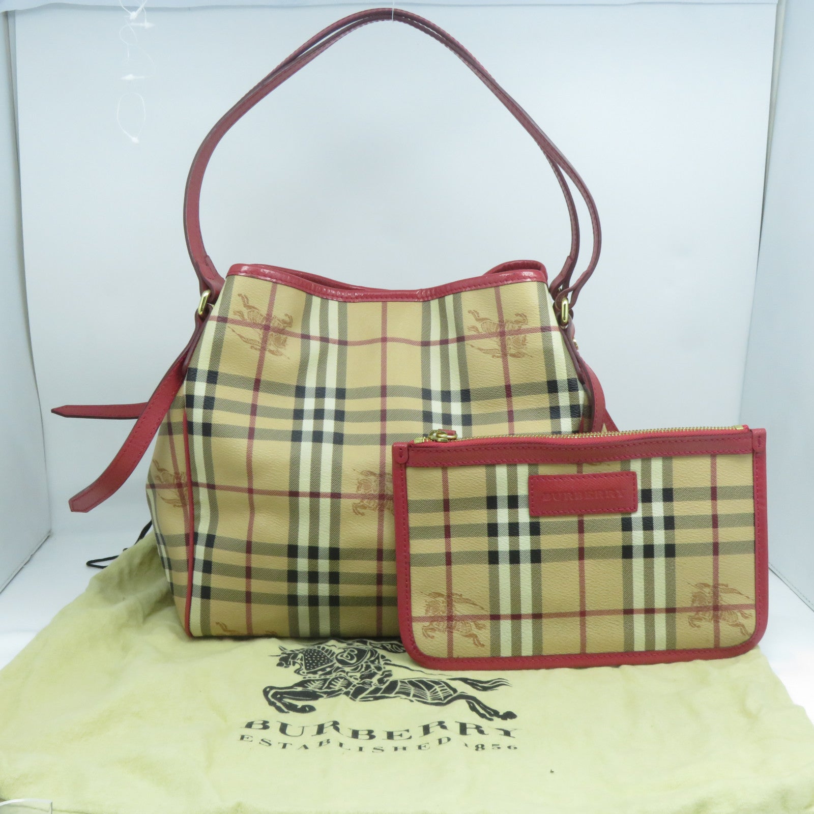 BURBERRY 塗層帆布Shoulder Bag金扣紅色/米色