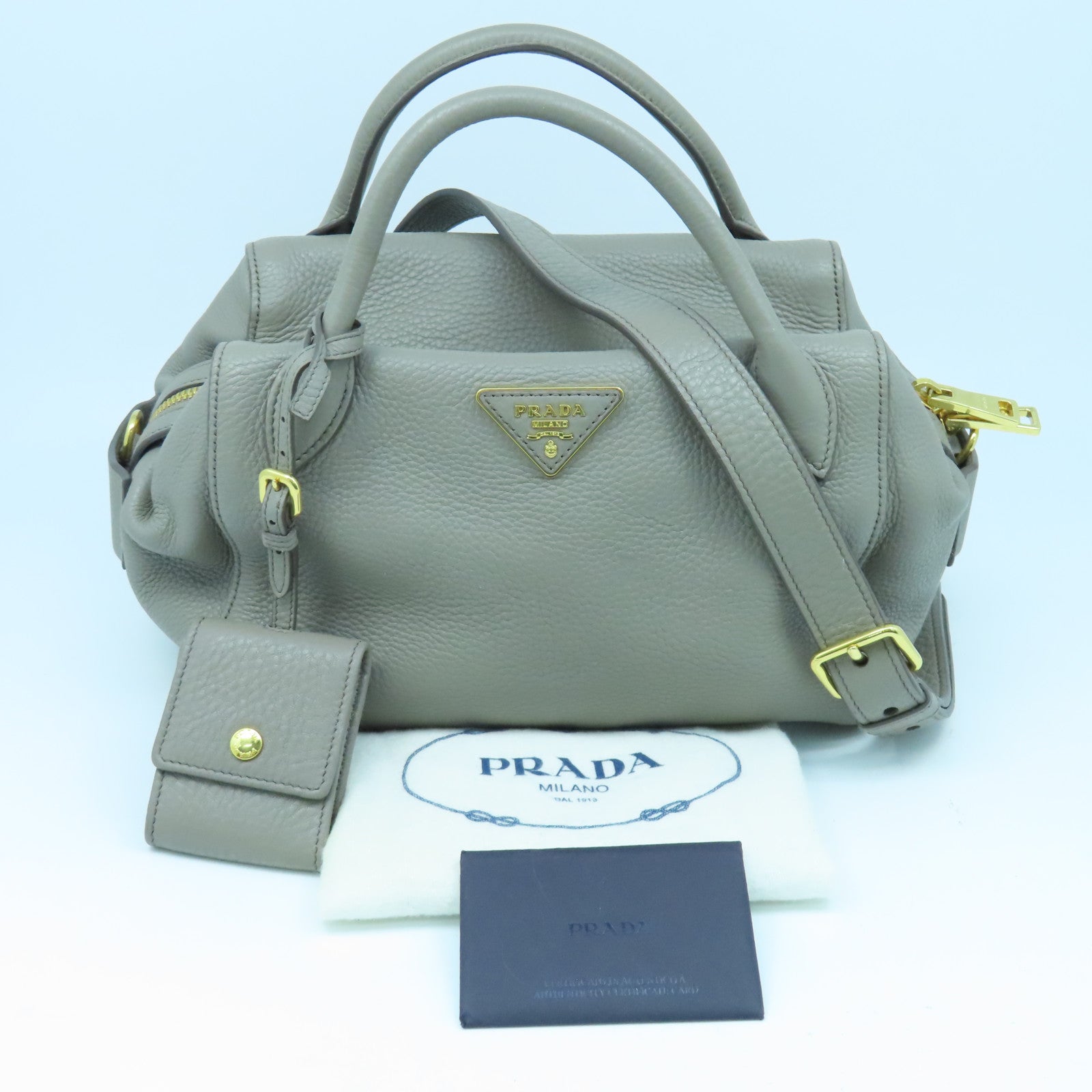 PRADA Cowhide Leather 2way Shoulder Bag Gold Buckle Handle Shoulder Bag Gray