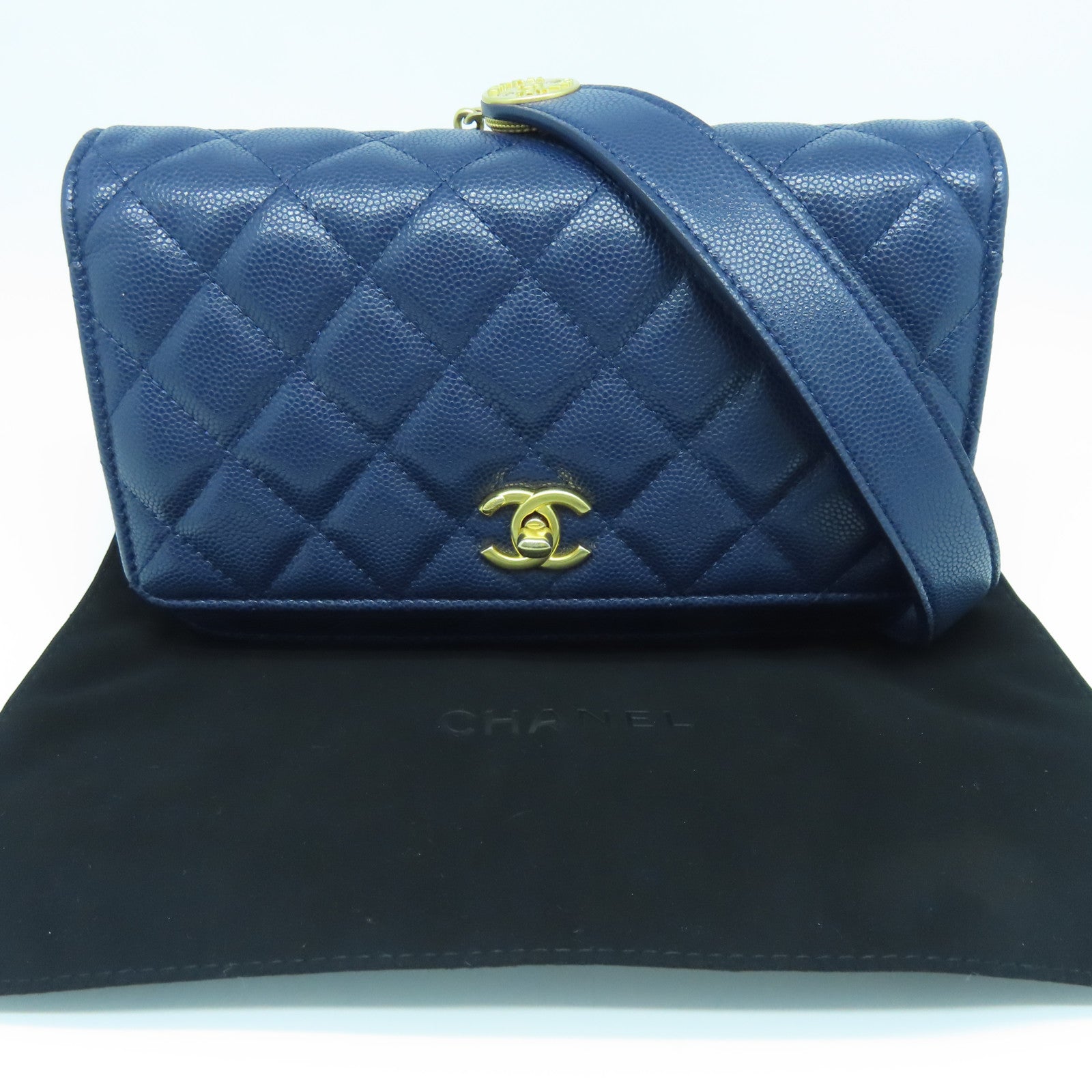 CHANEL Rhombus Caviar Leather Chain Shoulder Bag Gold Buckle Chain Belt Shoulder Bag Dark Blue