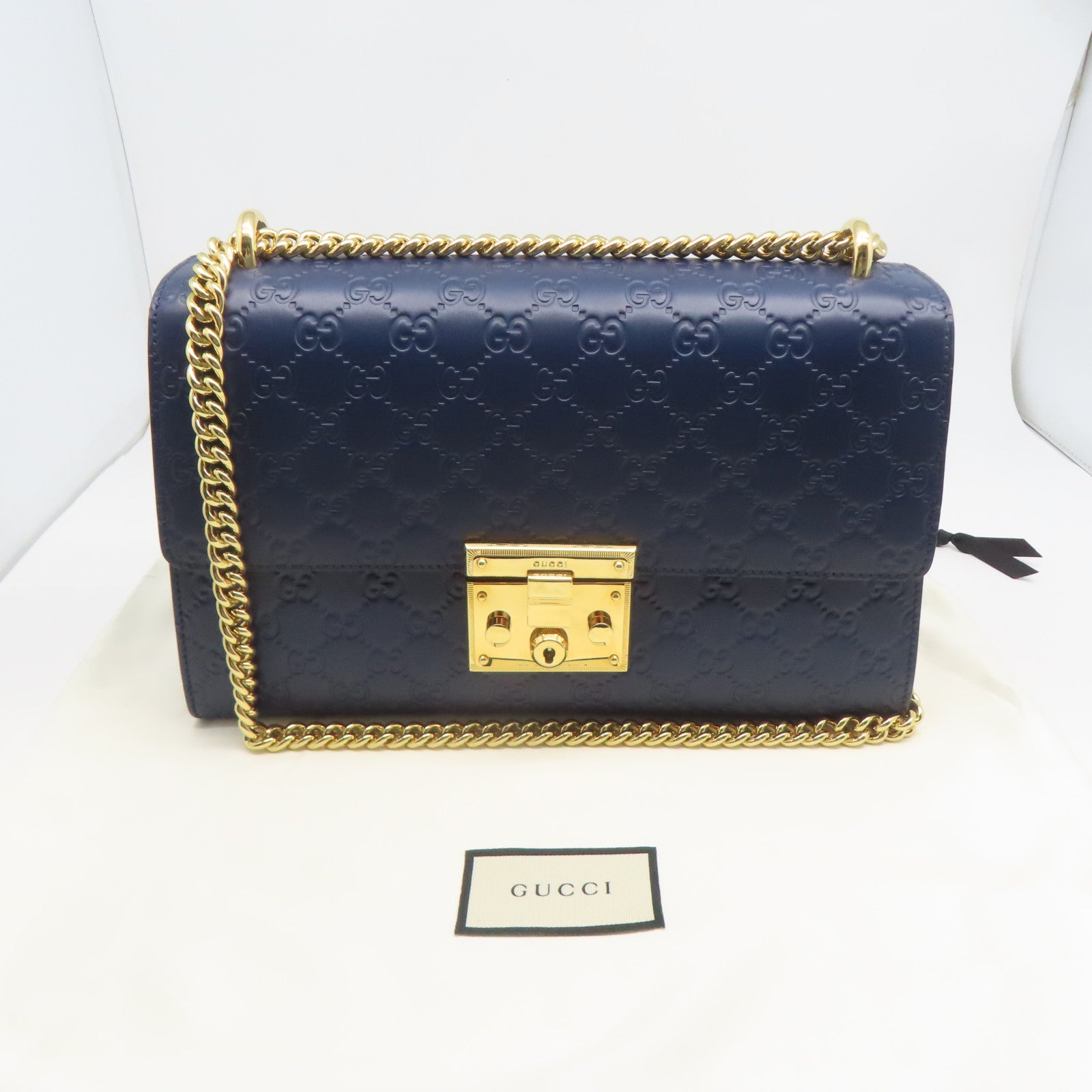 GUCCI 牛皮皮革Chain Bag金扣鏈帶肩背袋海軍藍色
