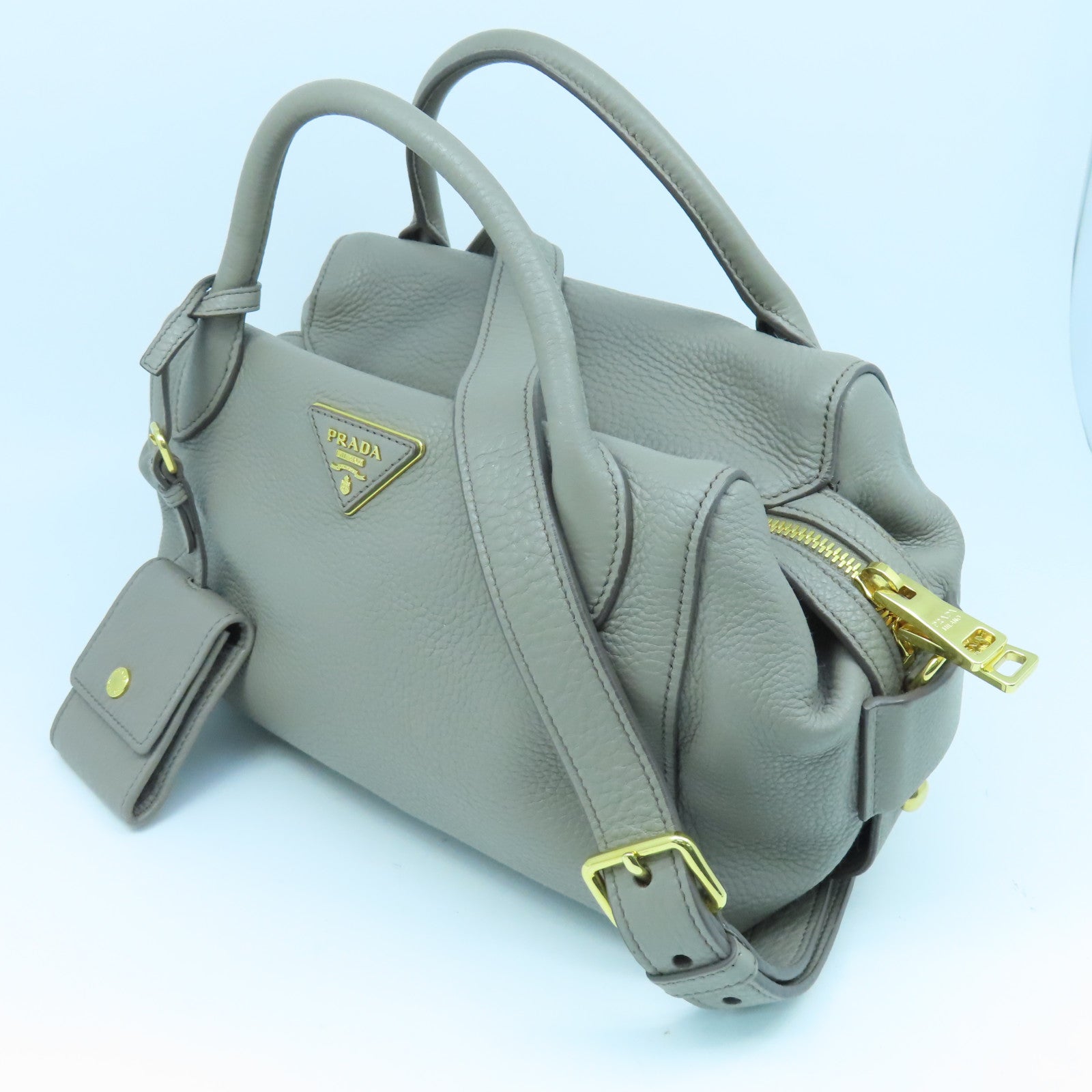 PRADA Cowhide Leather 2way Shoulder Bag Gold Buckle Handle Shoulder Bag Gray