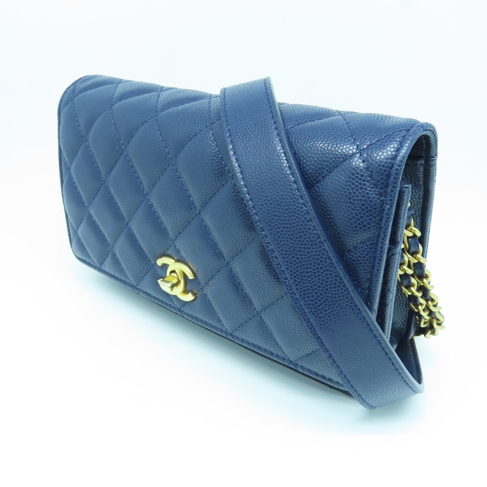 CHANEL Rhombus Caviar Leather Chain Shoulder Bag Gold Buckle Chain Belt Shoulder Bag Dark Blue