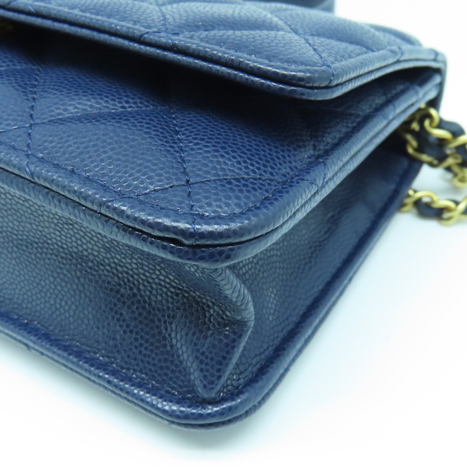 CHANEL Rhombus Caviar Leather Chain Shoulder Bag Gold Buckle Chain Belt Shoulder Bag Dark Blue