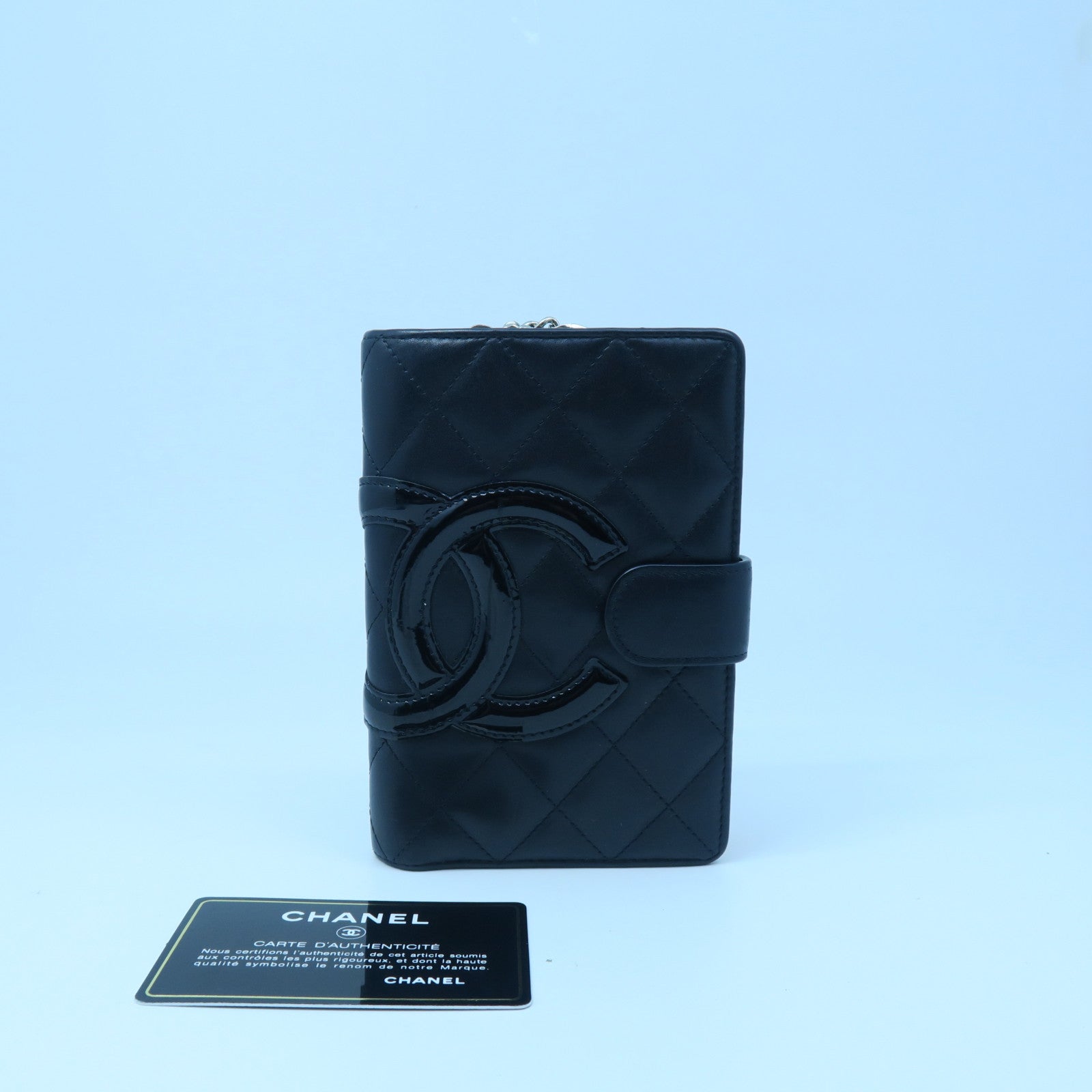 CHANEL Diamond Sheepskin Leather Wallet Silver Buckle Black/Pink