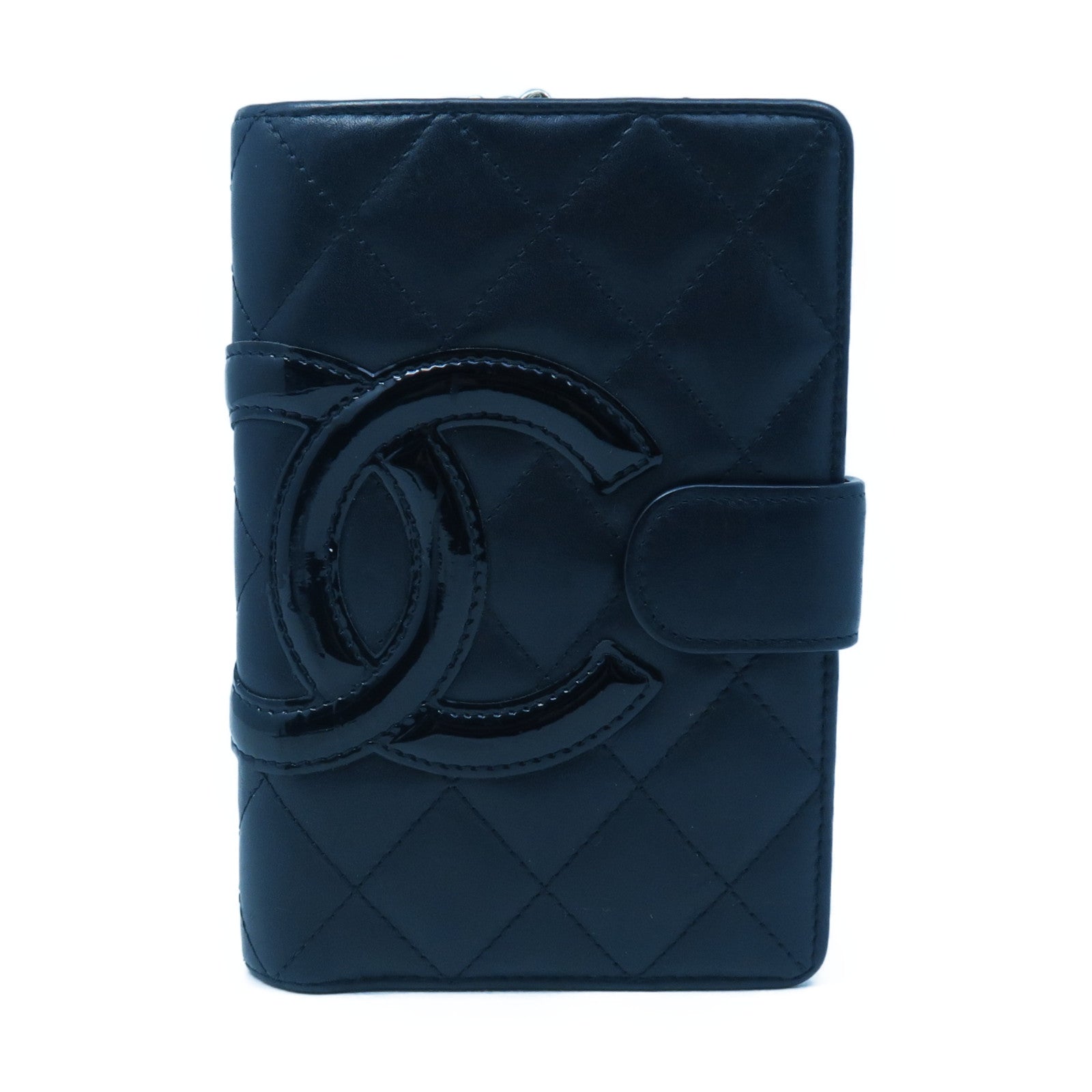 CHANEL Diamond Sheepskin Leather Wallet Silver Buckle Black/Pink