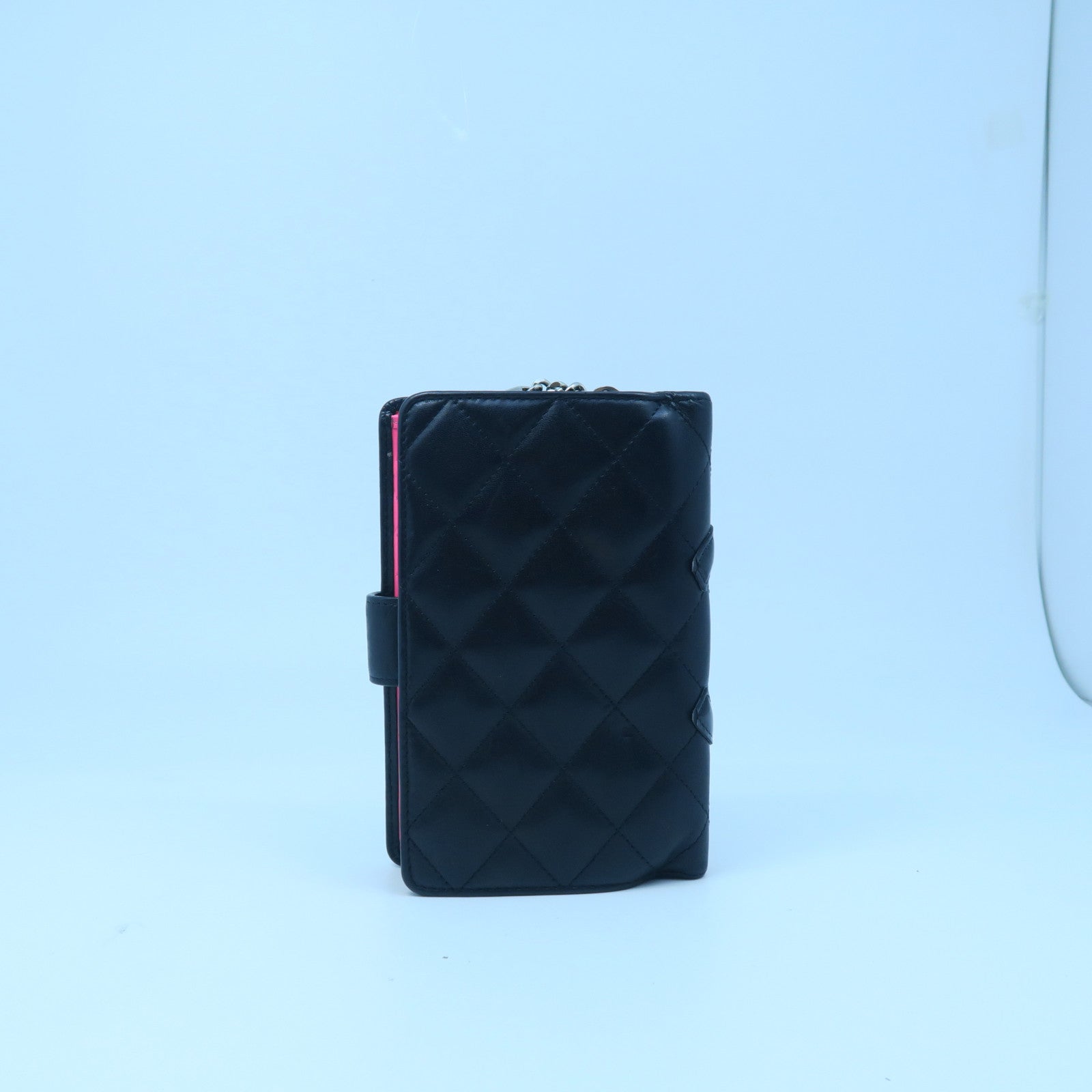 CHANEL Diamond Sheepskin Leather Wallet Silver Buckle Black/Pink