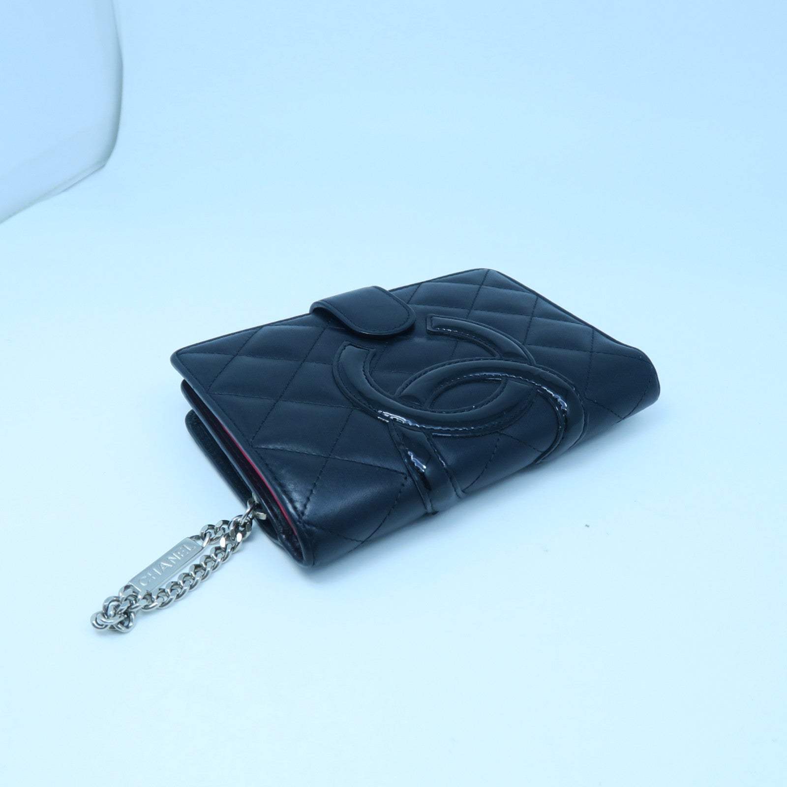 CHANEL Diamond Sheepskin Leather Wallet Silver Buckle Black/Pink