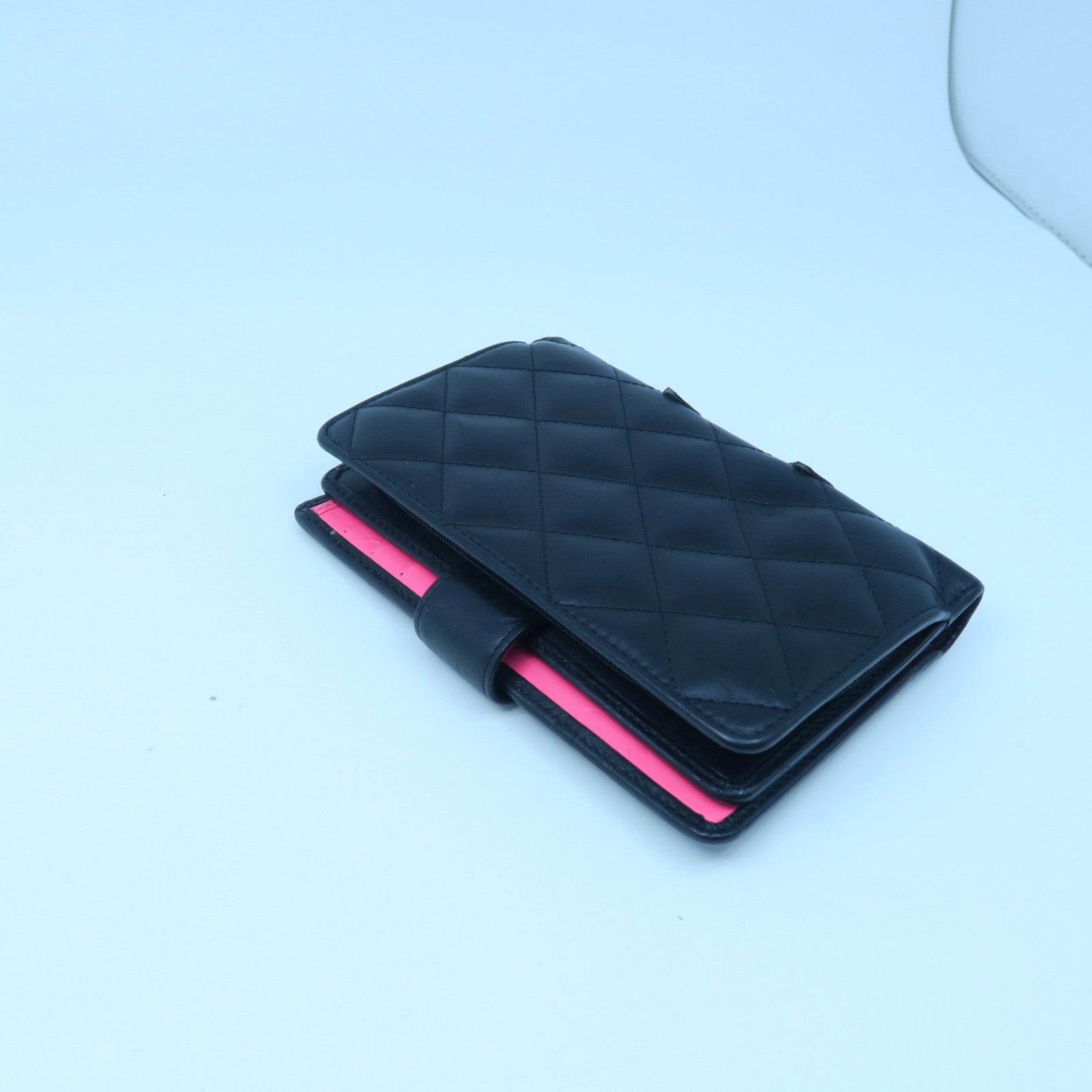 CHANEL Diamond Sheepskin Leather Wallet Silver Buckle Black/Pink
