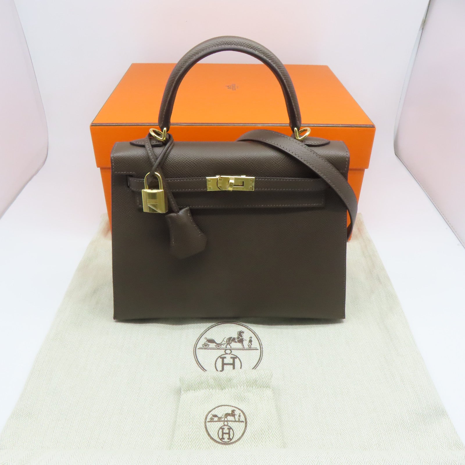 HERMES Epsom皮革Kelly 25金扣手挽肩背兩用袋啡色