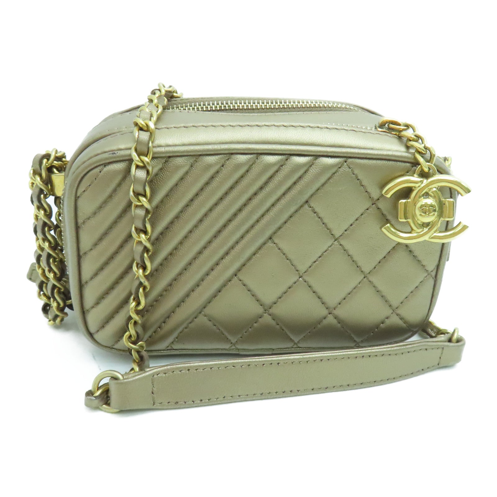 CHANEL 【激減優惠】菱格羊皮皮革Chain Shoulder金扣鏈帶肩背袋金色