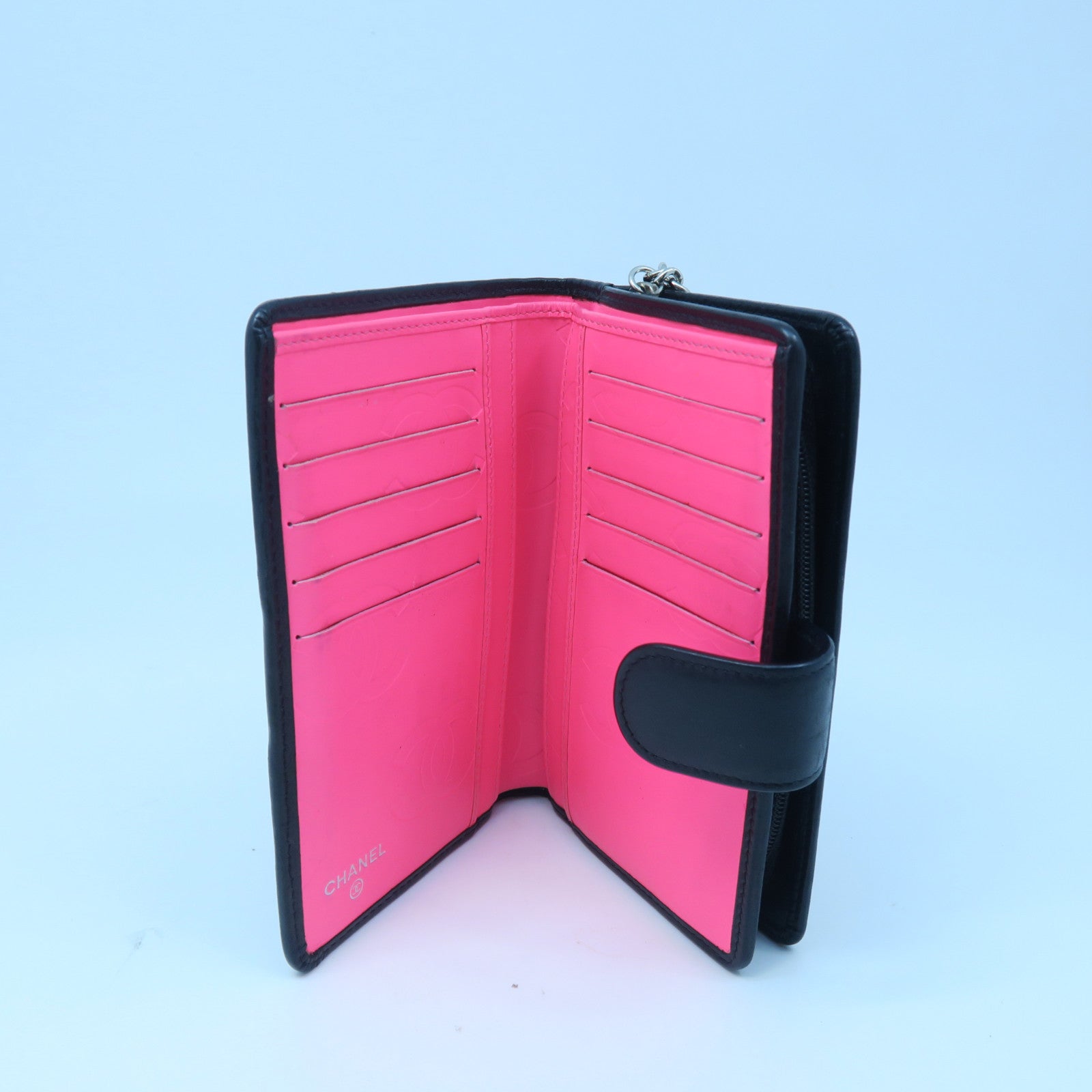 CHANEL Diamond Sheepskin Leather Wallet Silver Buckle Black/Pink