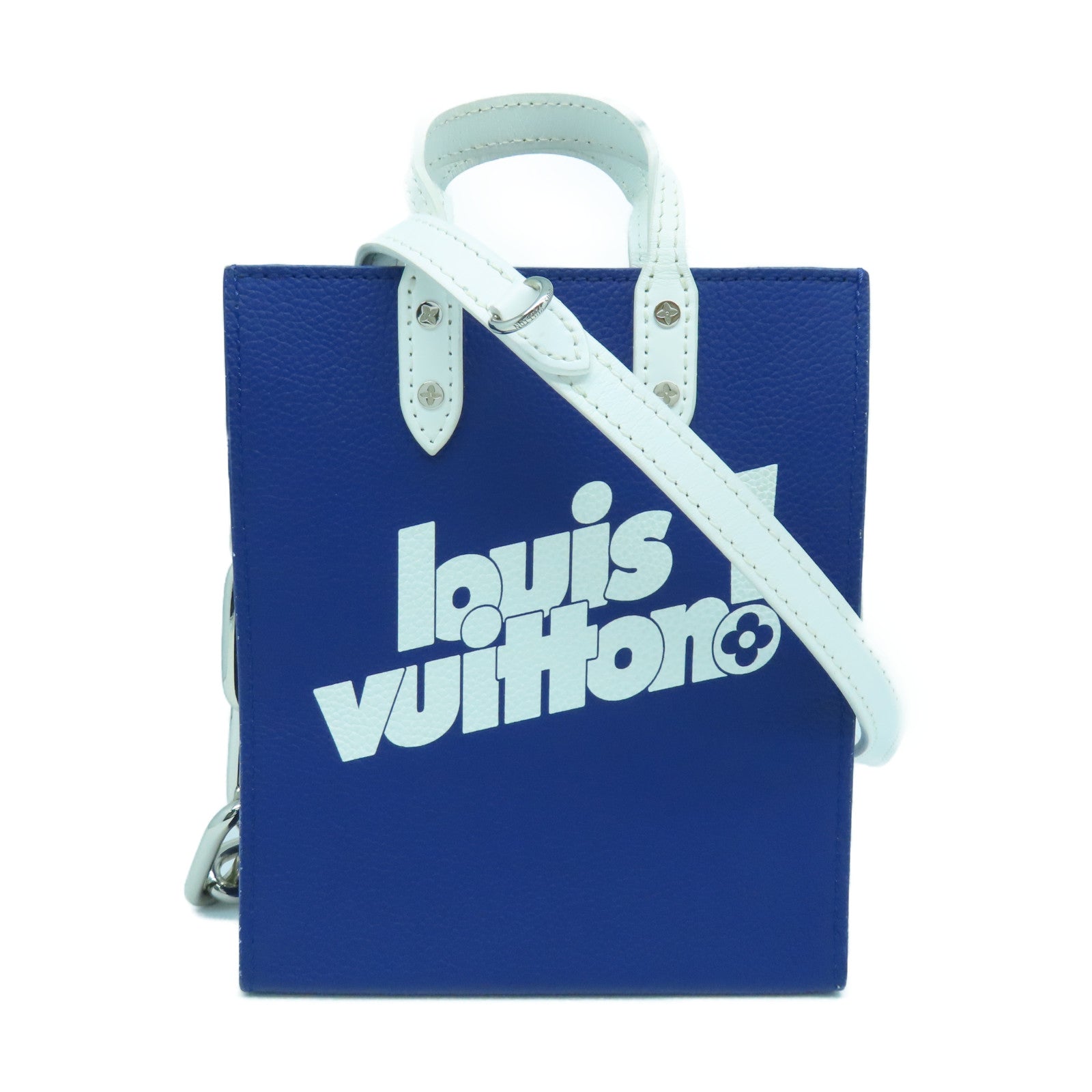LOUIS VUITTON Cowhide Leather Everyday LV Sac Plat XS Silver Buckle Handle Shoulder Bag Blue/White