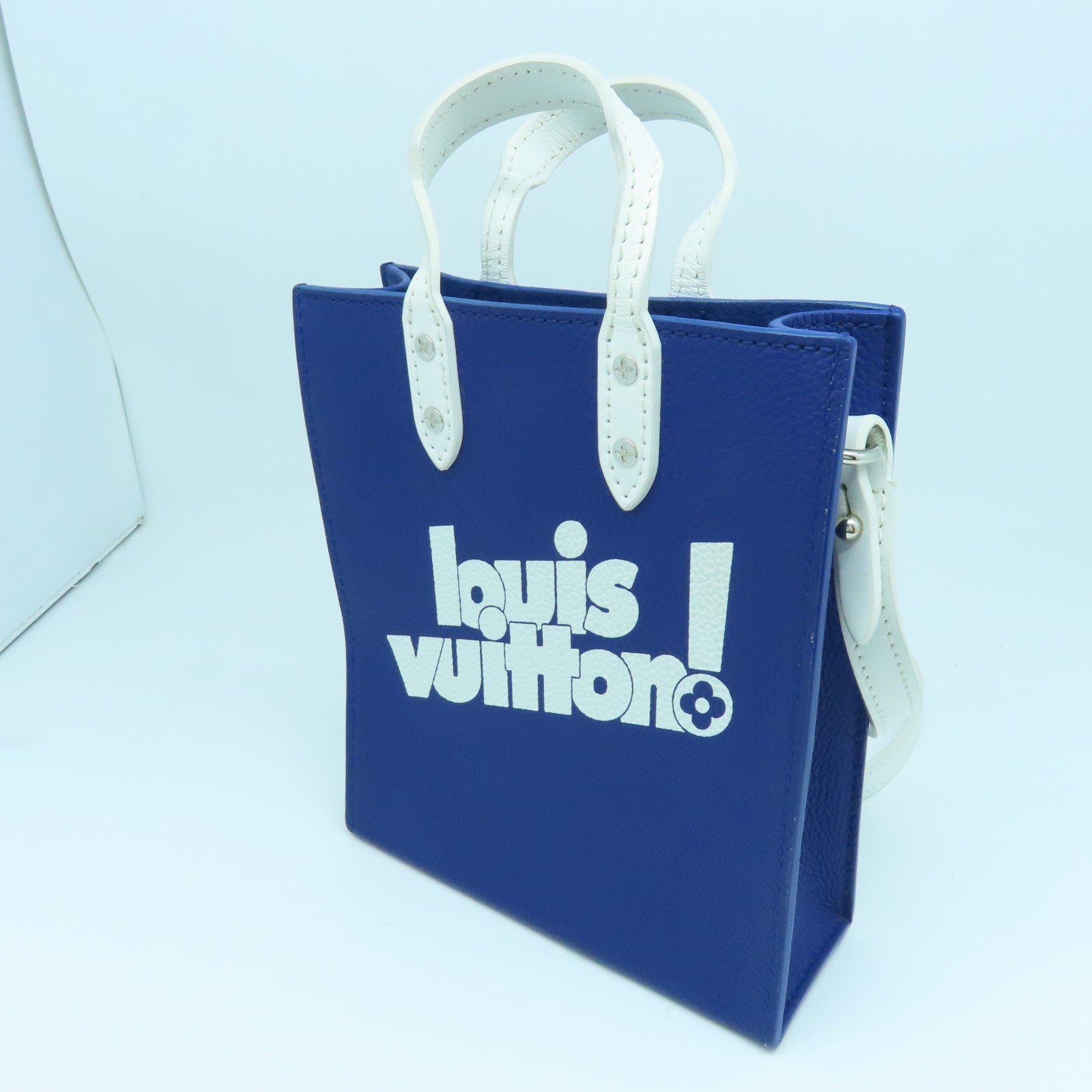 LOUIS VUITTON Cowhide Leather Everyday LV Sac Plat XS Silver Buckle Handle Shoulder Bag Blue/White