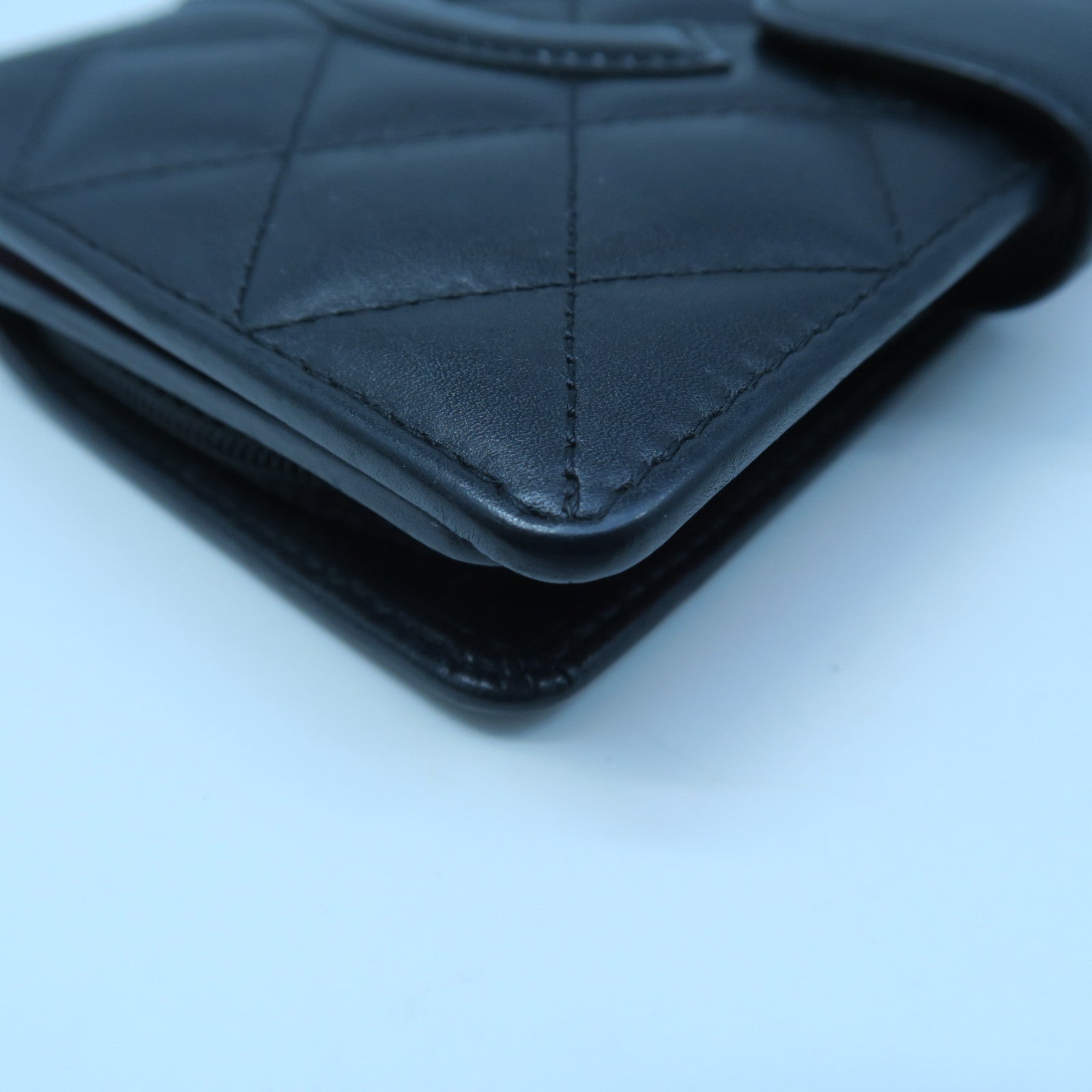 CHANEL Diamond Sheepskin Leather Wallet Silver Buckle Black/Pink