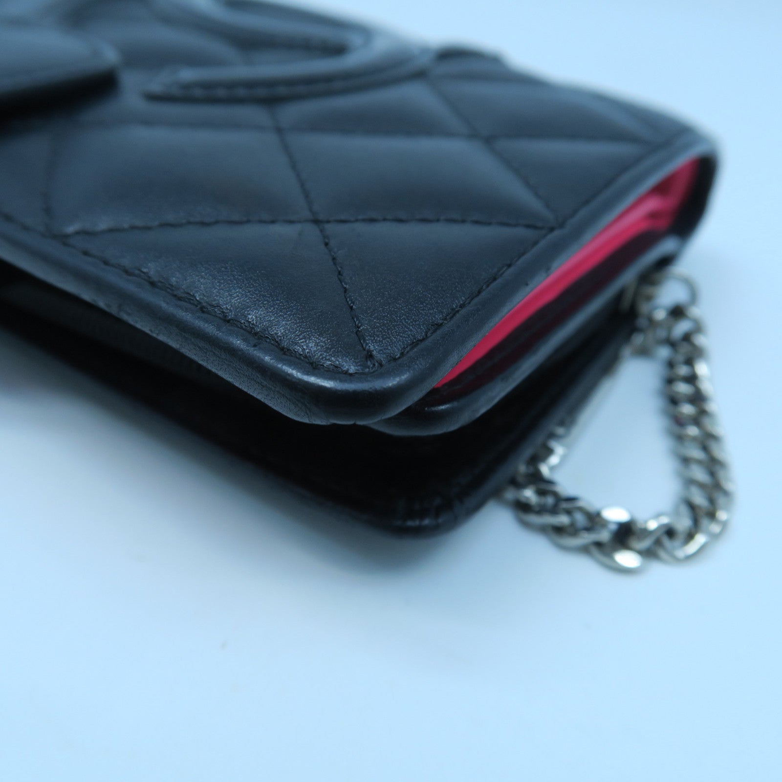 CHANEL Diamond Sheepskin Leather Wallet Silver Buckle Black/Pink