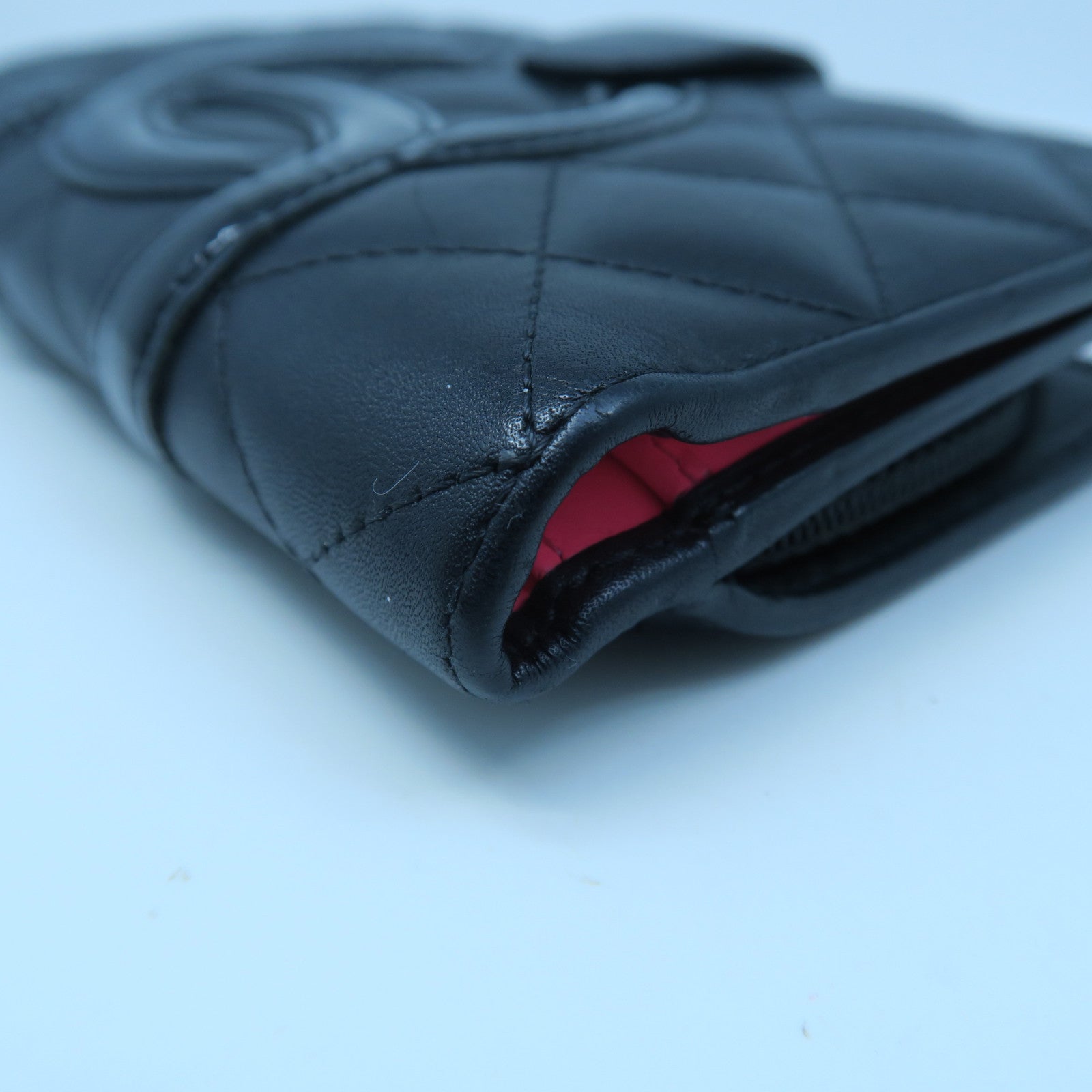 CHANEL Diamond Sheepskin Leather Wallet Silver Buckle Black/Pink
