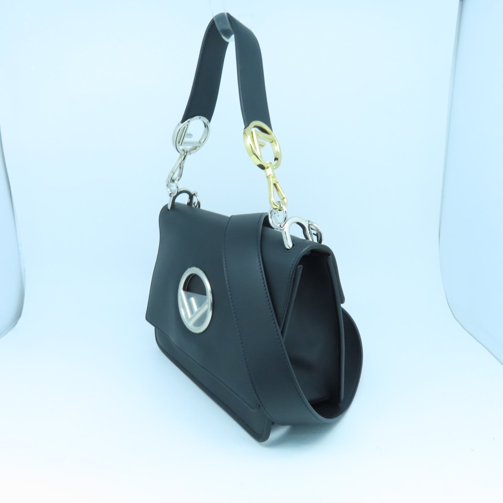 FENDI Cowhide Leather 2way Shoulder Bag Silver Buckle Handle Shoulder Bag Black