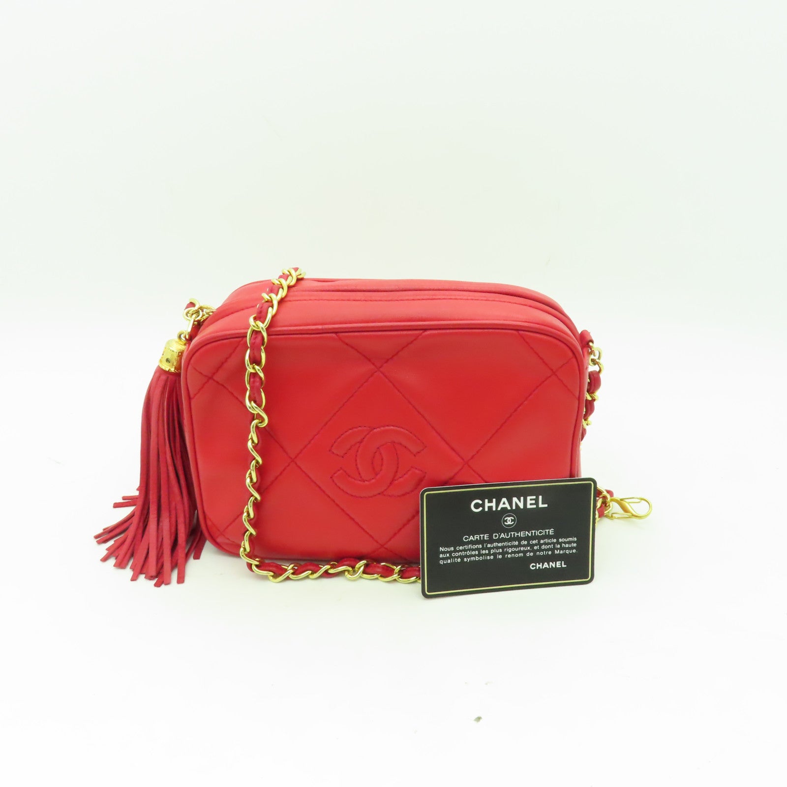 CHANEL 菱格羊皮皮革Chain Shoulder Bag金扣鏈帶肩背袋紅色