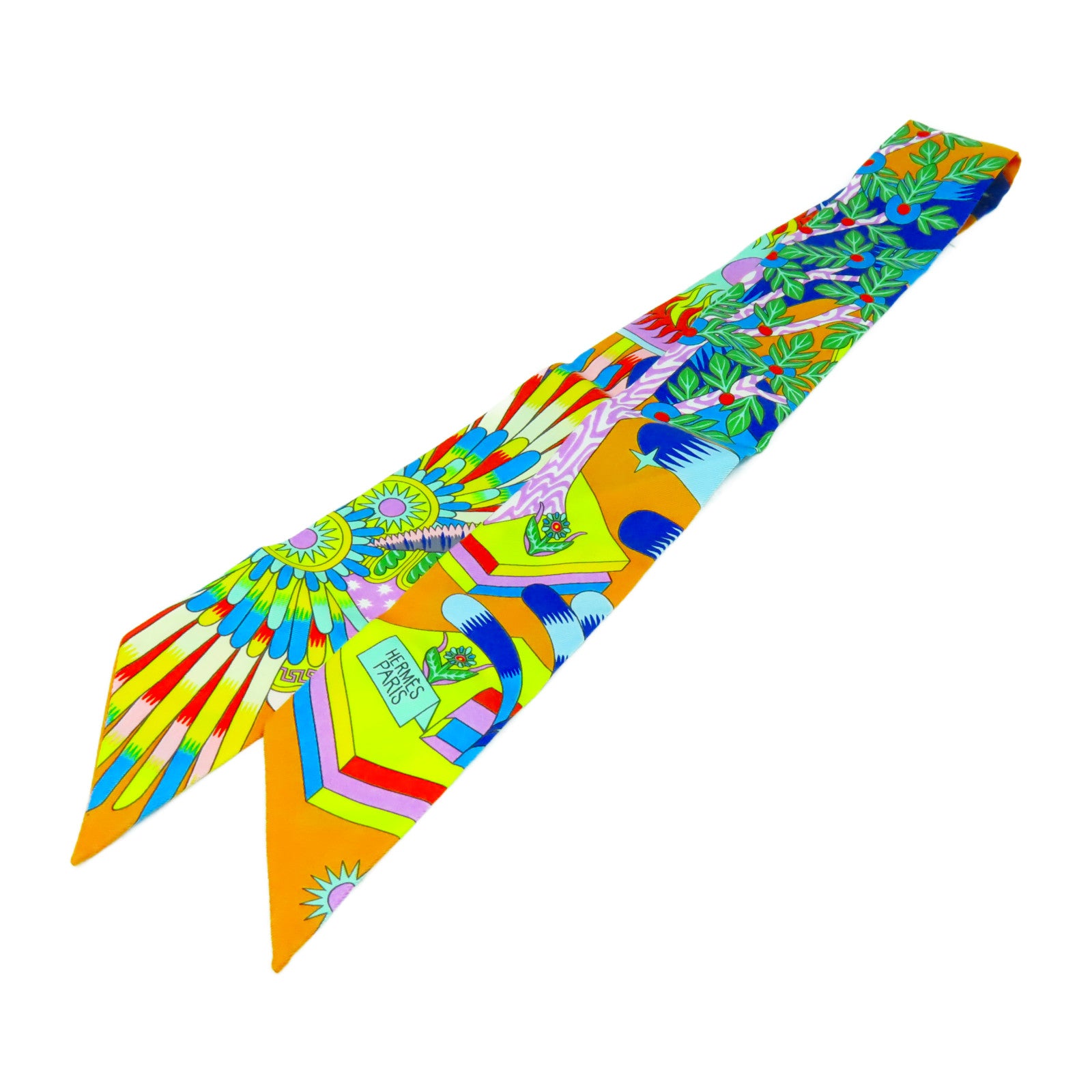 HERMES 絲質Twilly絲巾橙色/藍色