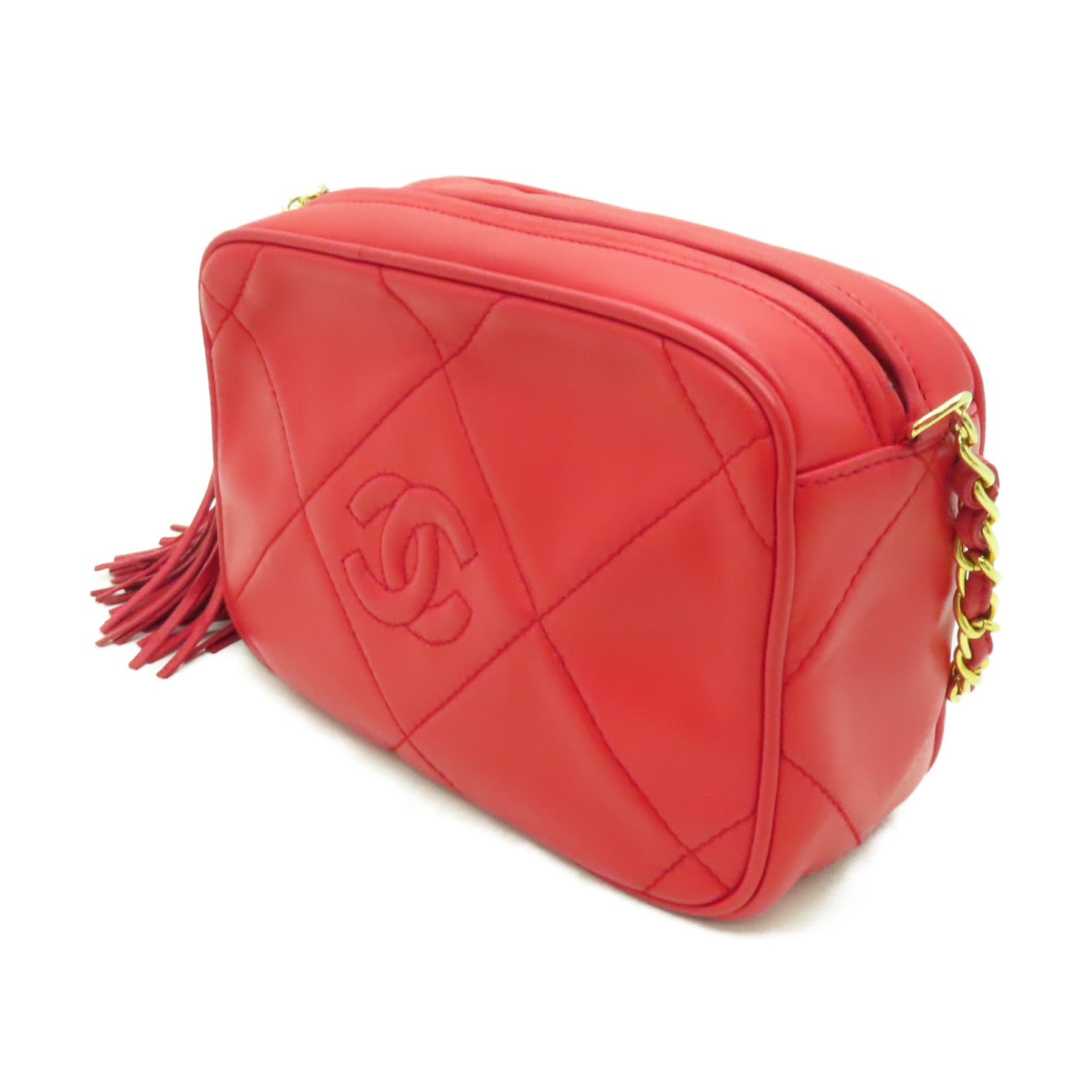 CHANEL 菱格羊皮皮革Chain Shoulder Bag金扣鏈帶肩背袋紅色