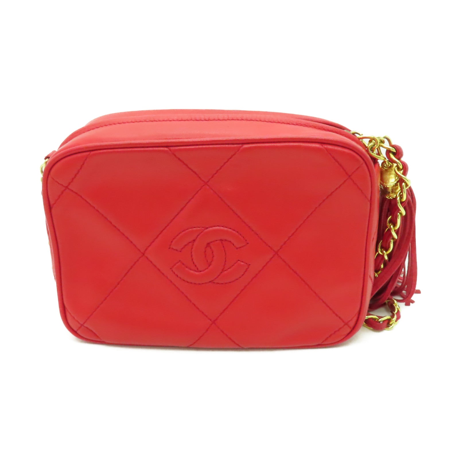 CHANEL 菱格羊皮皮革Chain Shoulder Bag金扣鏈帶肩背袋紅色