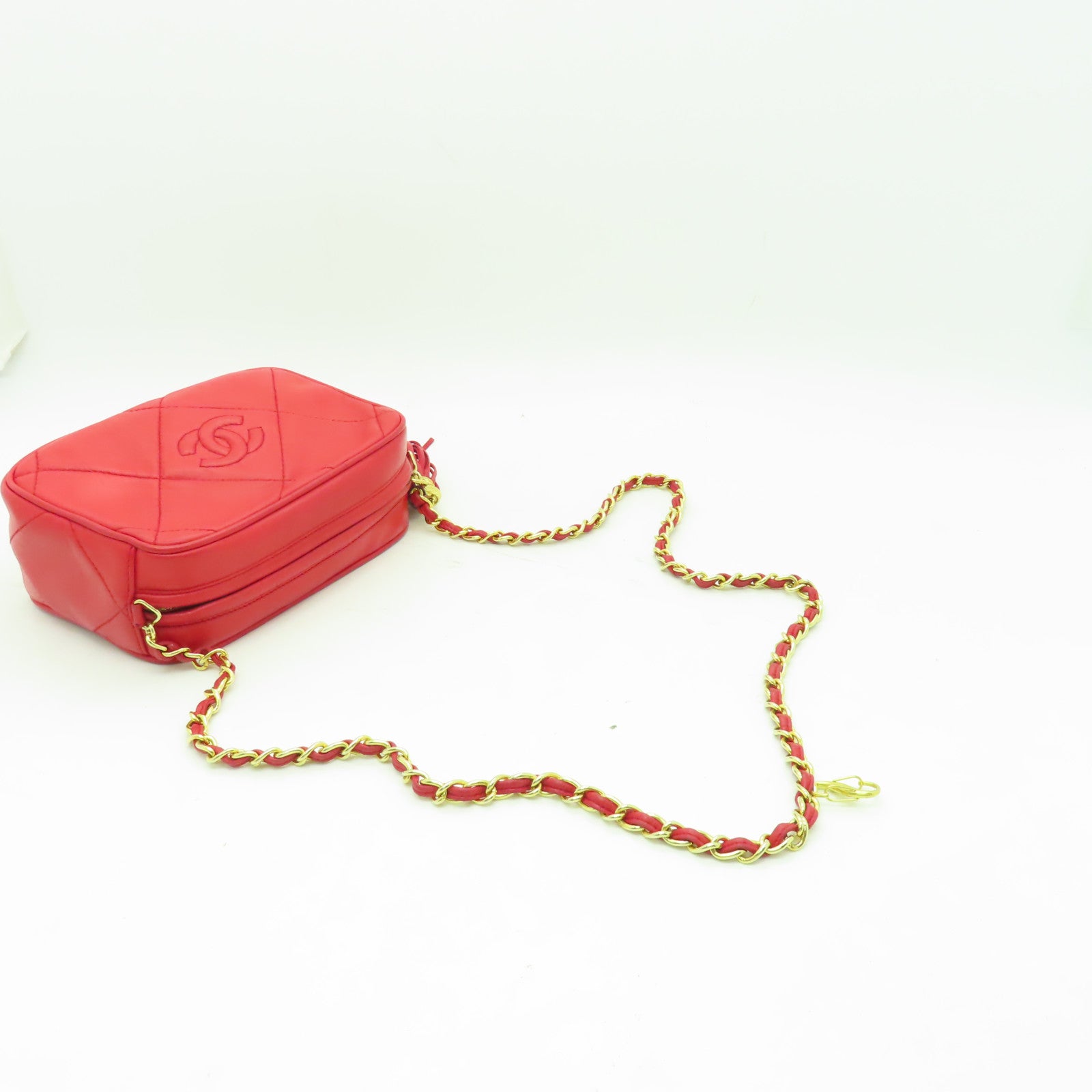 CHANEL 菱格羊皮皮革Chain Shoulder Bag金扣鏈帶肩背袋紅色