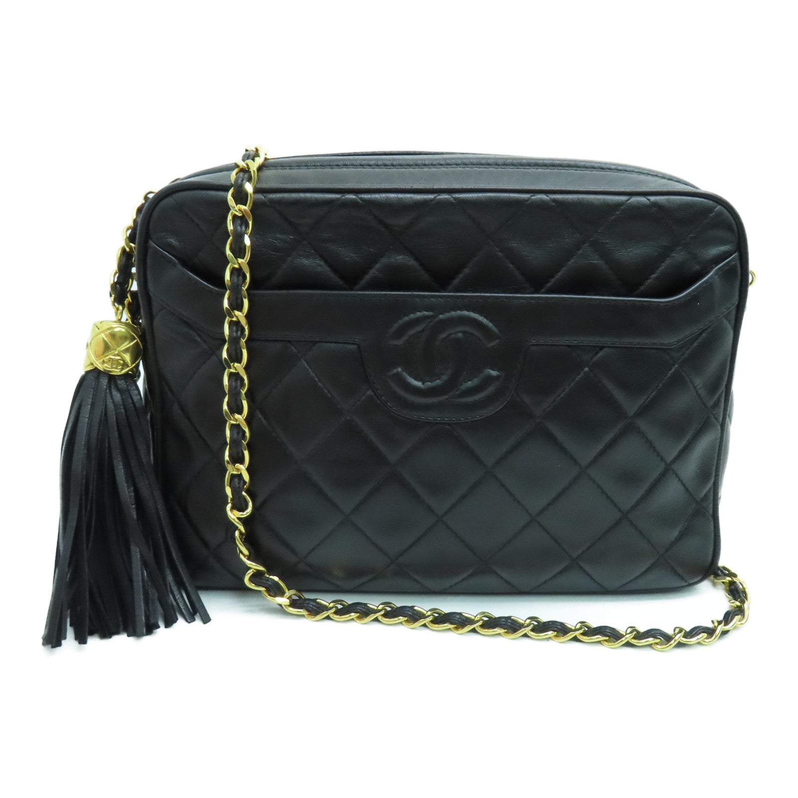 CHANEL 菱格羊皮皮革Chain Shoulder金扣鏈帶肩背袋黑色