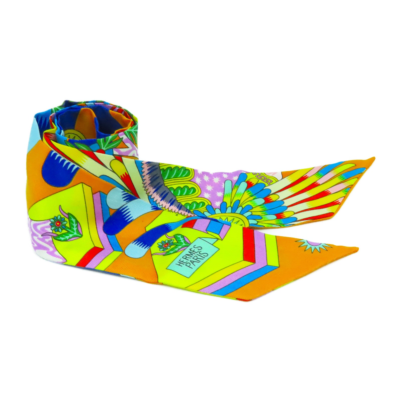 HERMES 絲質Twilly絲巾橙色/藍色