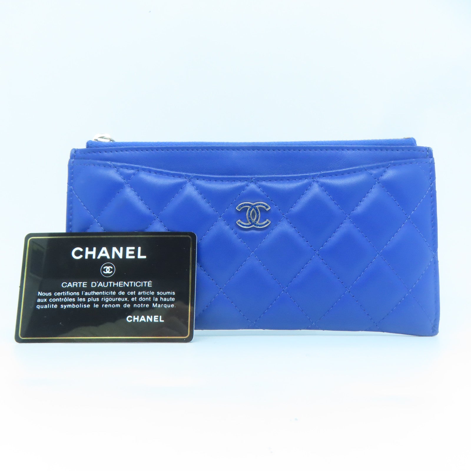 CHANEL 菱格皮革Pouch Wallet銀扣長錢包藍色