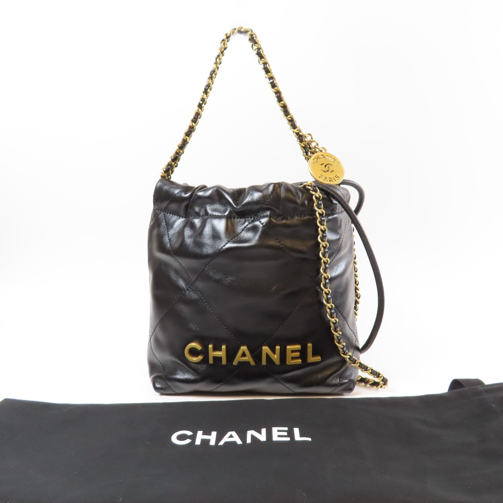 CHANEL 菱格羊皮皮革Mini 22金扣手挽肩背兩用袋黑色