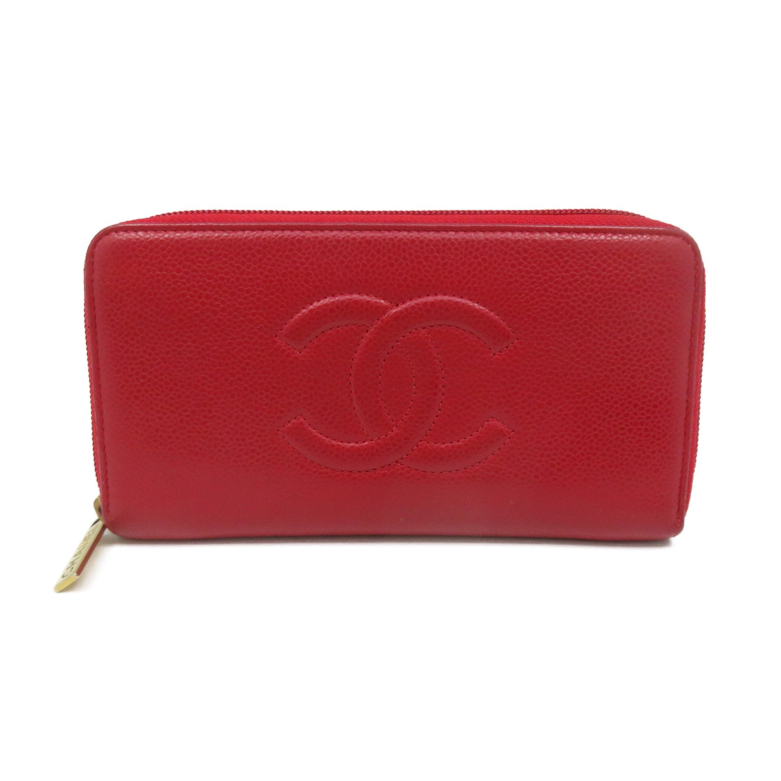 CHANEL 【激減優惠】Caviar皮革Zipper Long Wallet金扣拉鏈長錢包紅色