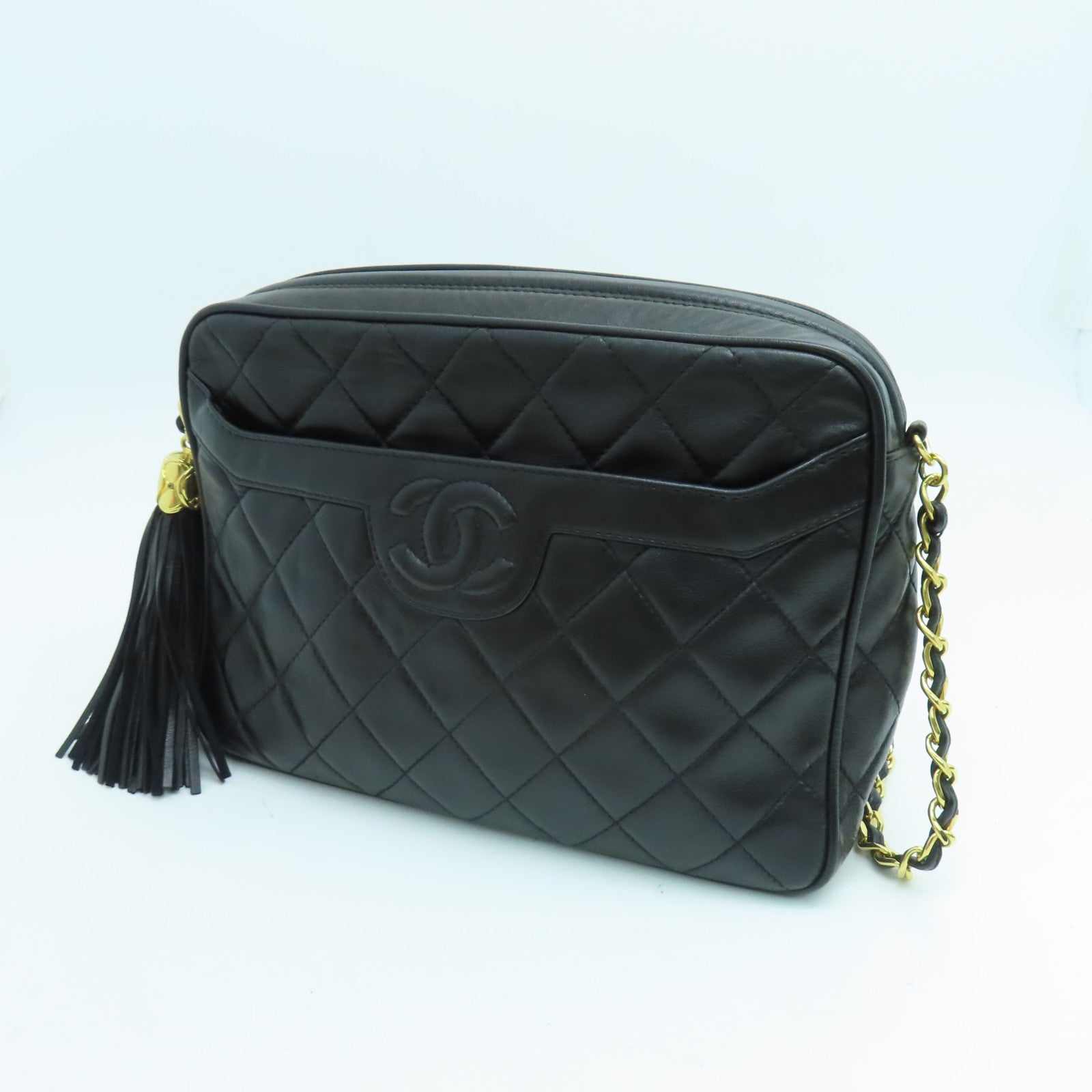 CHANEL 菱格羊皮皮革Chain Shoulder金扣鏈帶肩背袋黑色