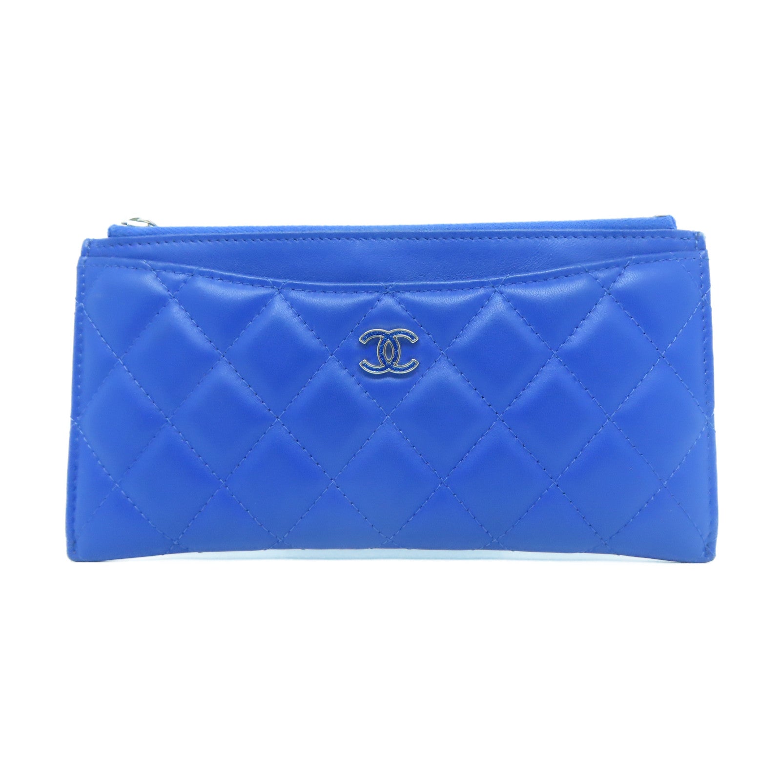 CHANEL 菱格皮革Pouch Wallet銀扣長錢包藍色